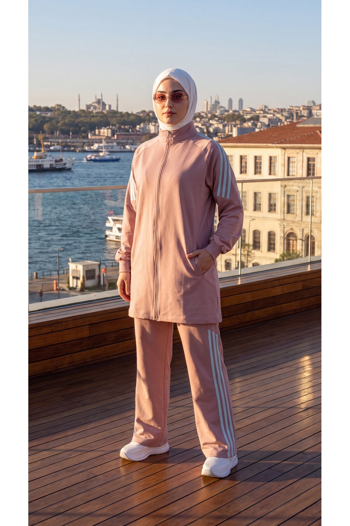 Pembe Şerit Detaylı Fermuarlı Eşofman Takımı - Wovi Moda