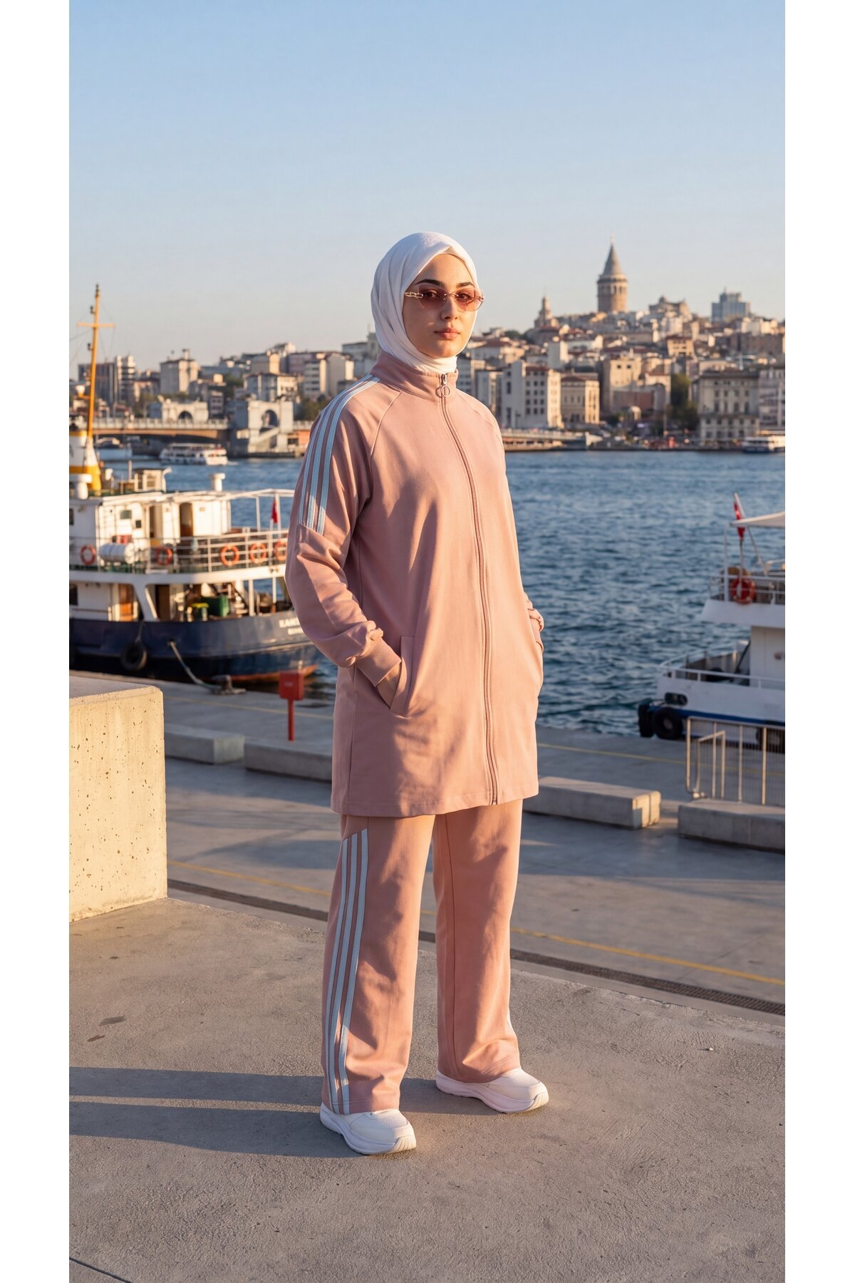 Pembe Şerit Detaylı Fermuarlı Eşofman Takımı - Wovi Moda