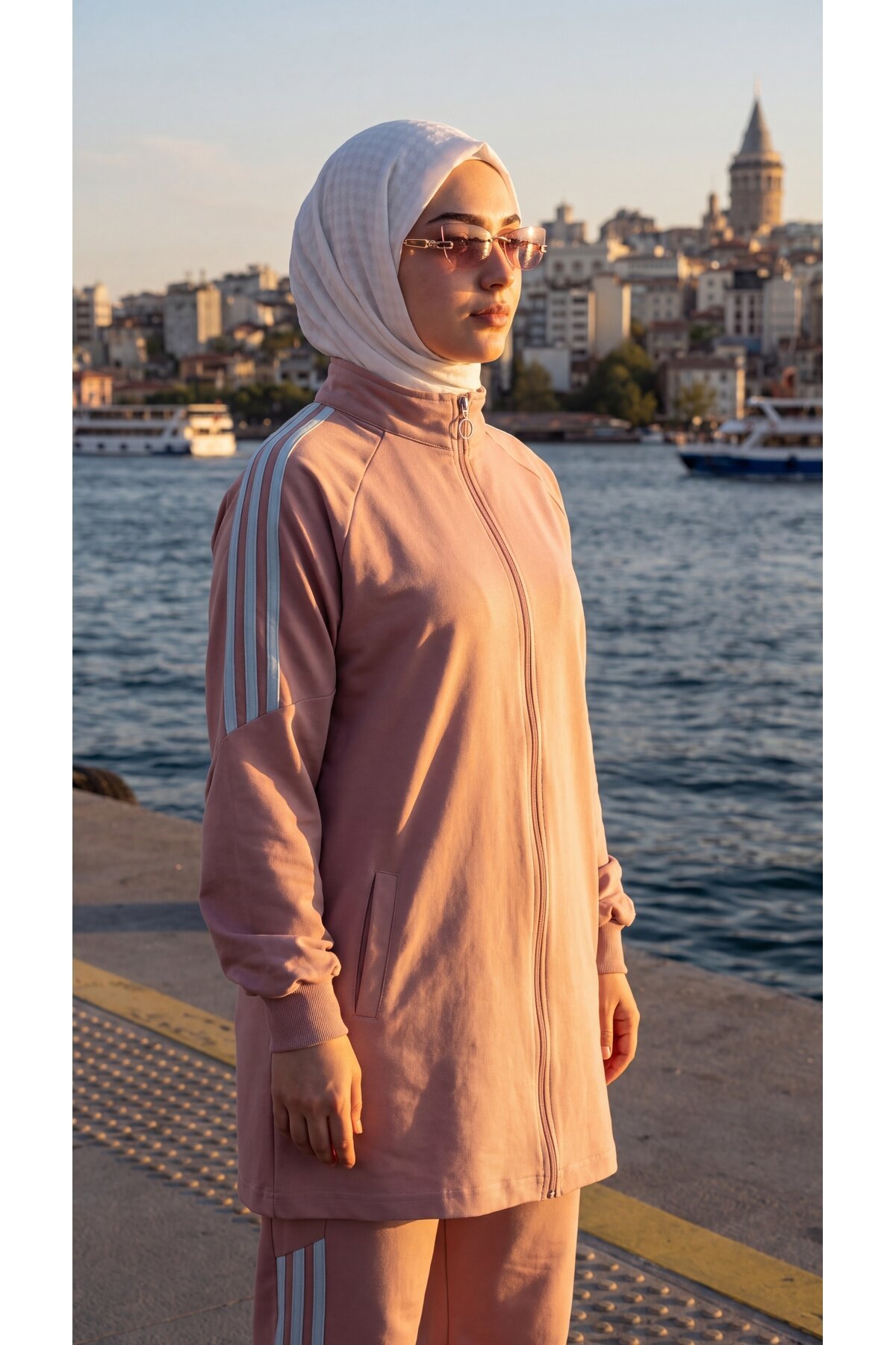 Pembe Şerit Detaylı Fermuarlı Eşofman Takımı - Wovi Moda