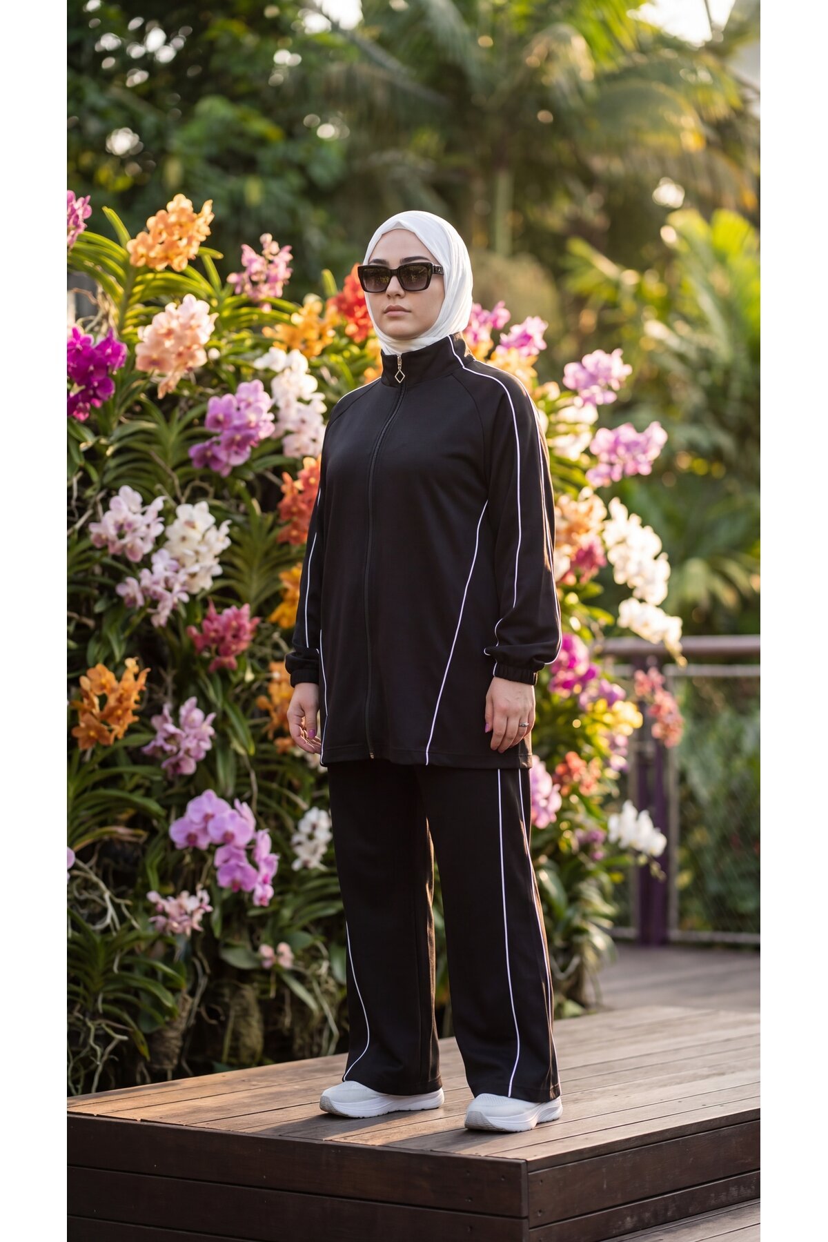 Stand Collar Zippered Striped Modest Set - Black Khaki - Wovi Moda