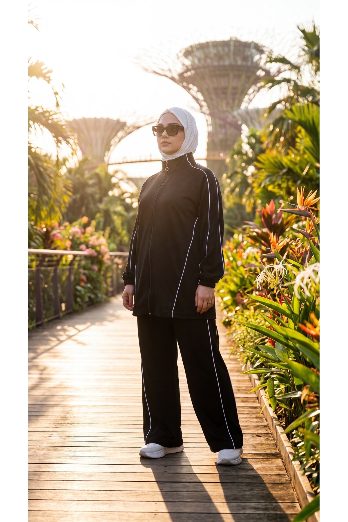 Stand Collar Zippered Striped Modest Set - Black Khaki - Wovi Moda