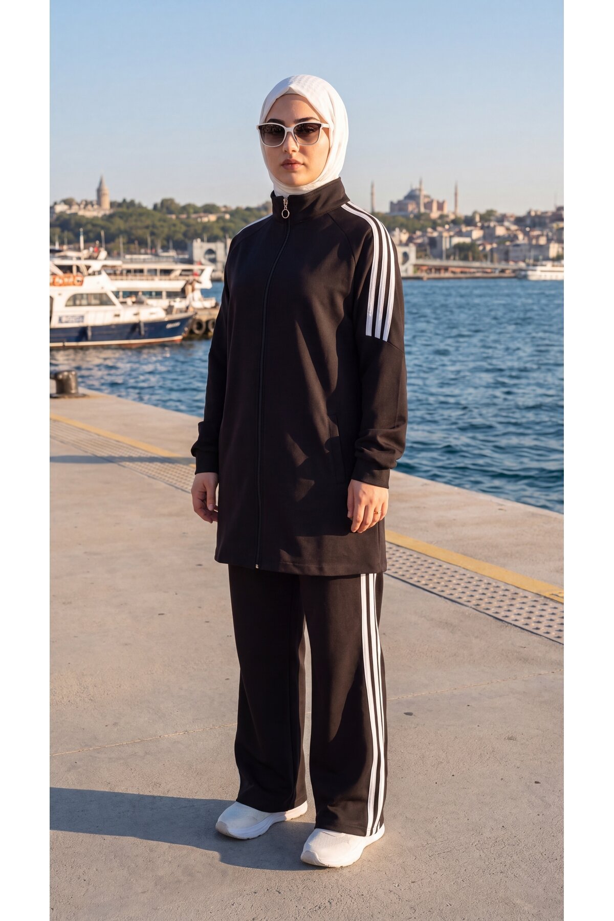 Siyah Şerit Detaylı Fermuarlı Eşofman Takım - Wovi Moda
