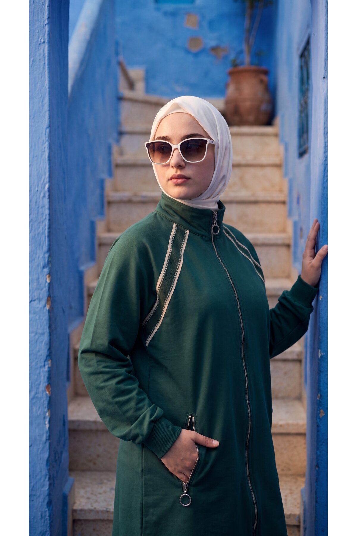 Yeşil Bol Paça Dik Yaka Fermuarlı Takım - Wovi Moda