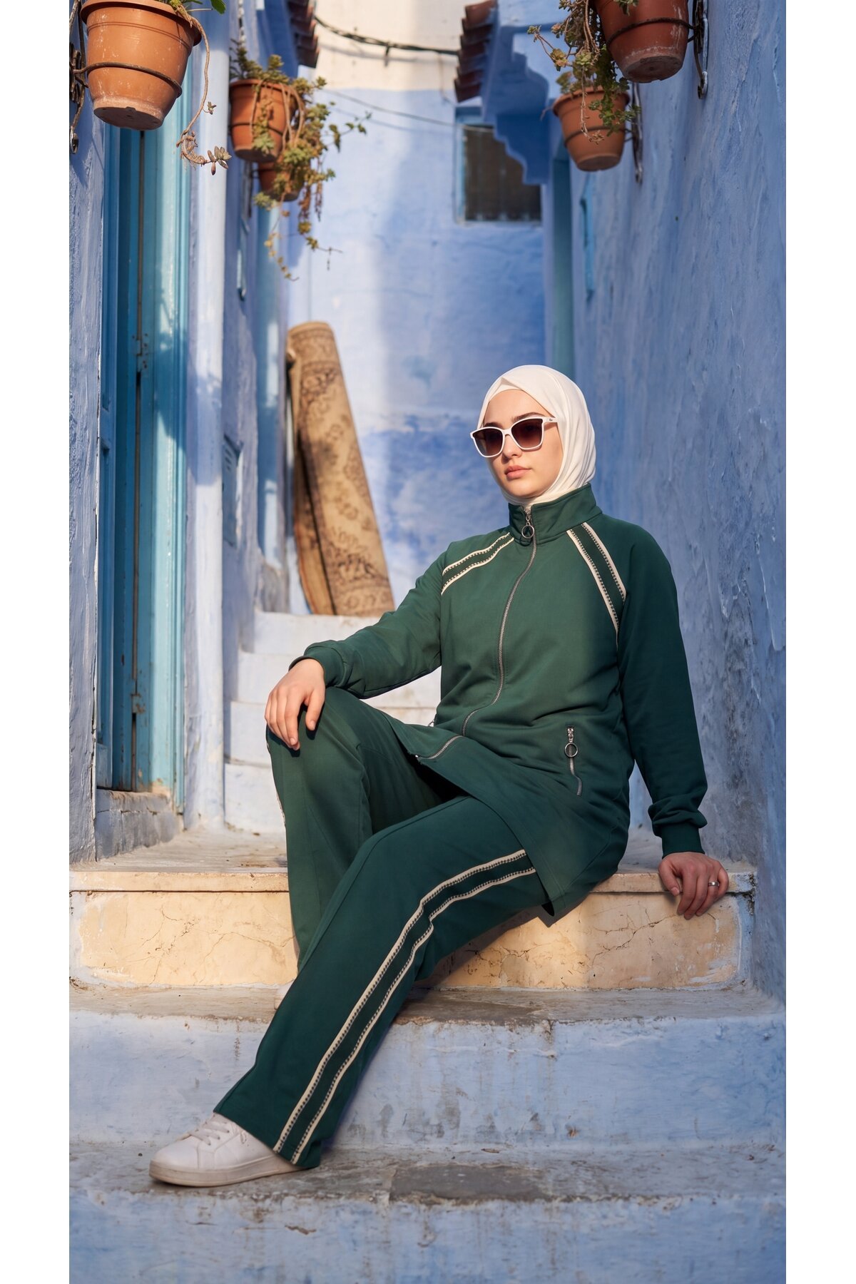 Yeşil Bol Paça Dik Yaka Fermuarlı Takım - Wovi Moda