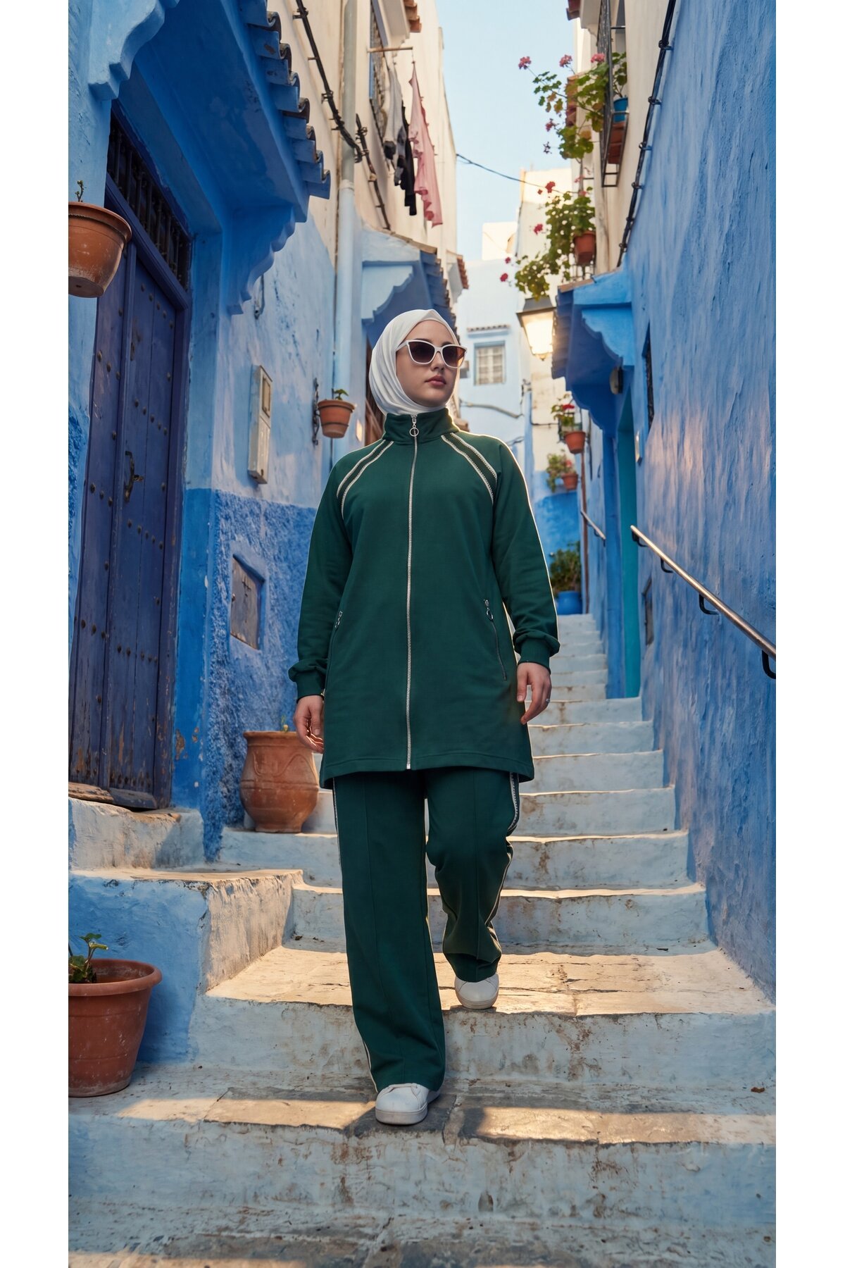 Yeşil Bol Paça Dik Yaka Fermuarlı Takım - Wovi Moda