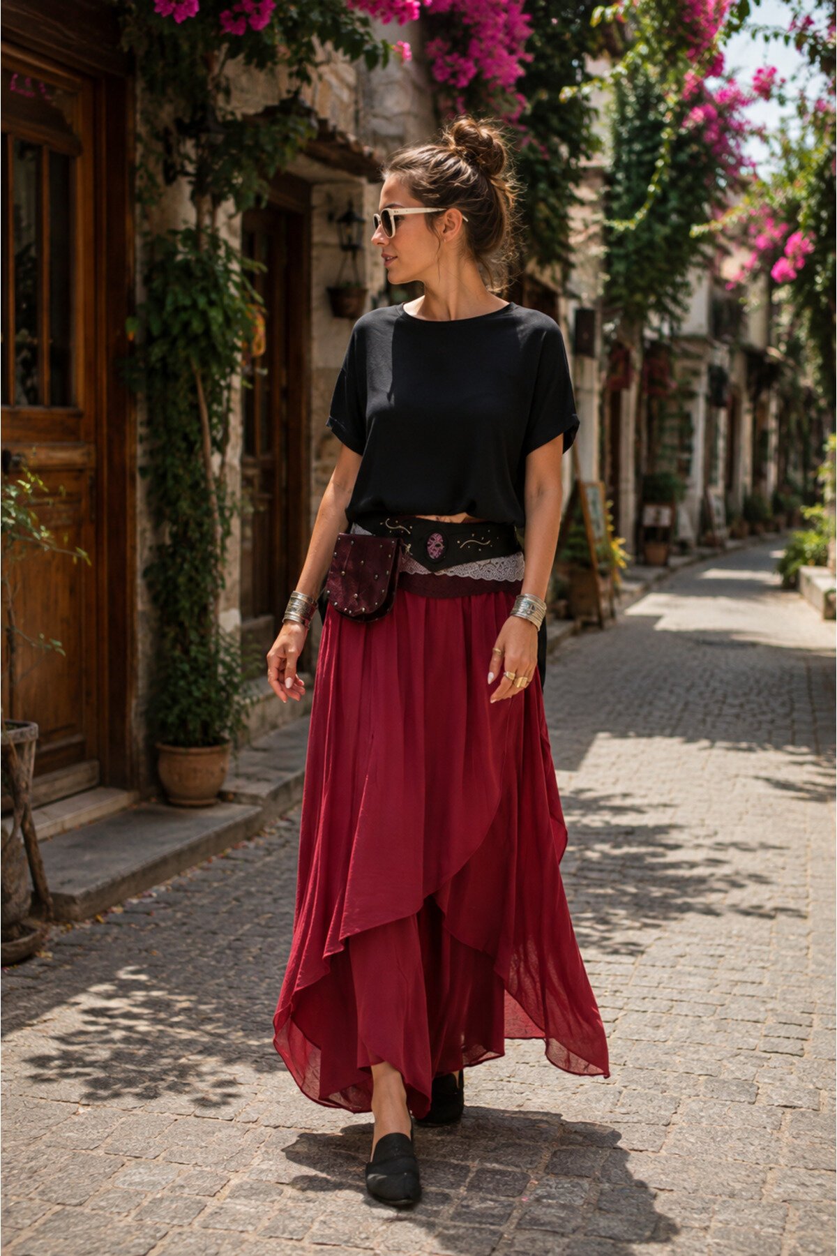 Bordo İpek Asimetrik Kapaklı Şalvar Pantolon - Bohem Stil