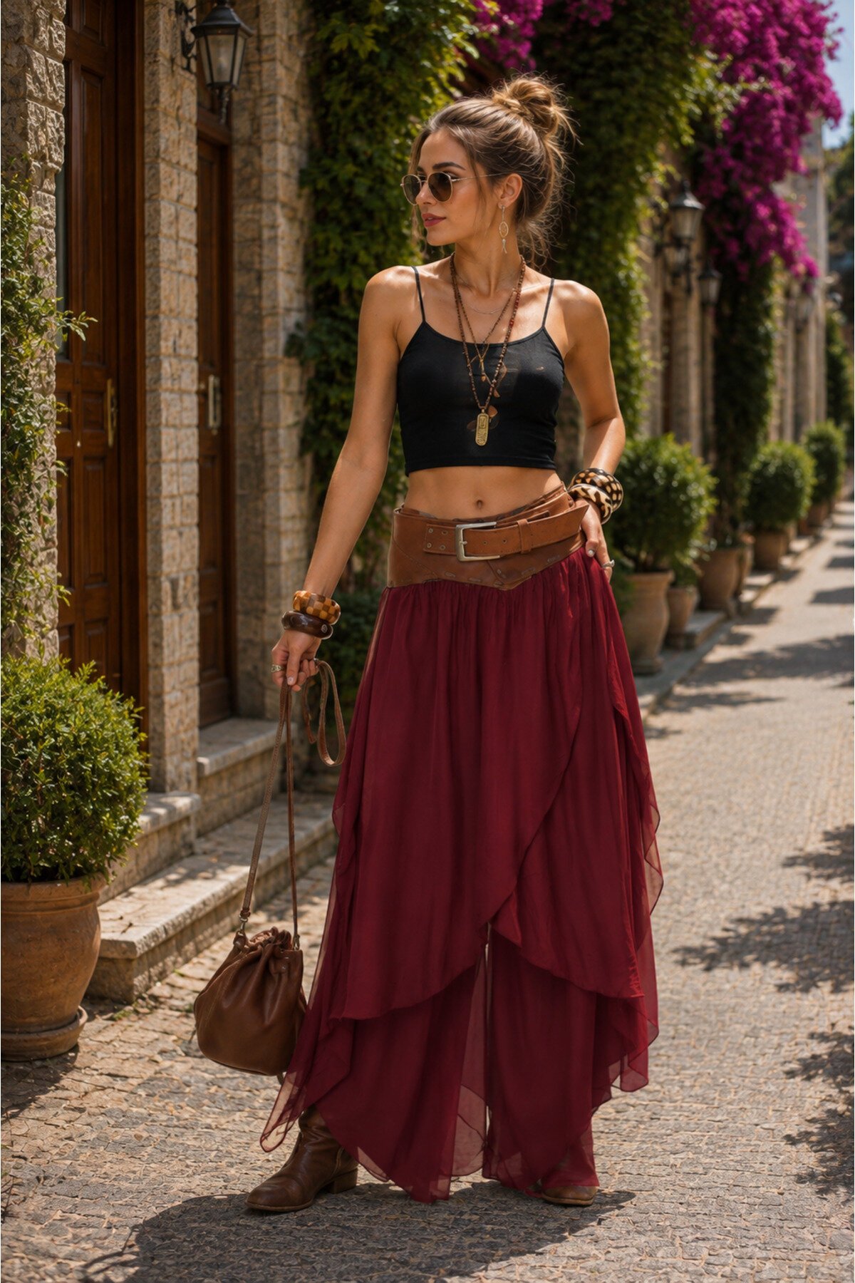 Bordo İpek Asimetrik Kapaklı Şalvar Pantolon - Bohem Stil