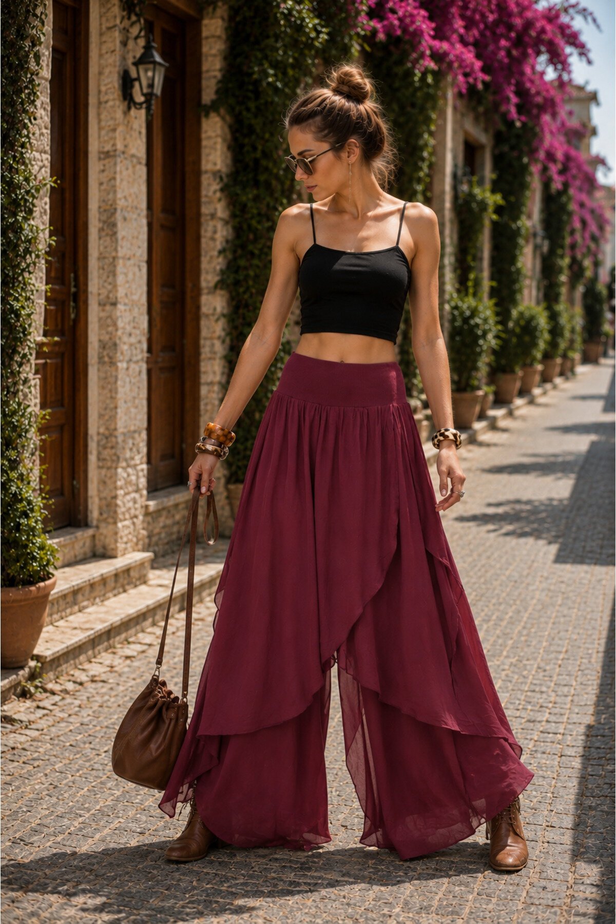 Bordo İpek Asimetrik Kapaklı Şalvar Pantolon - Bohem Stil