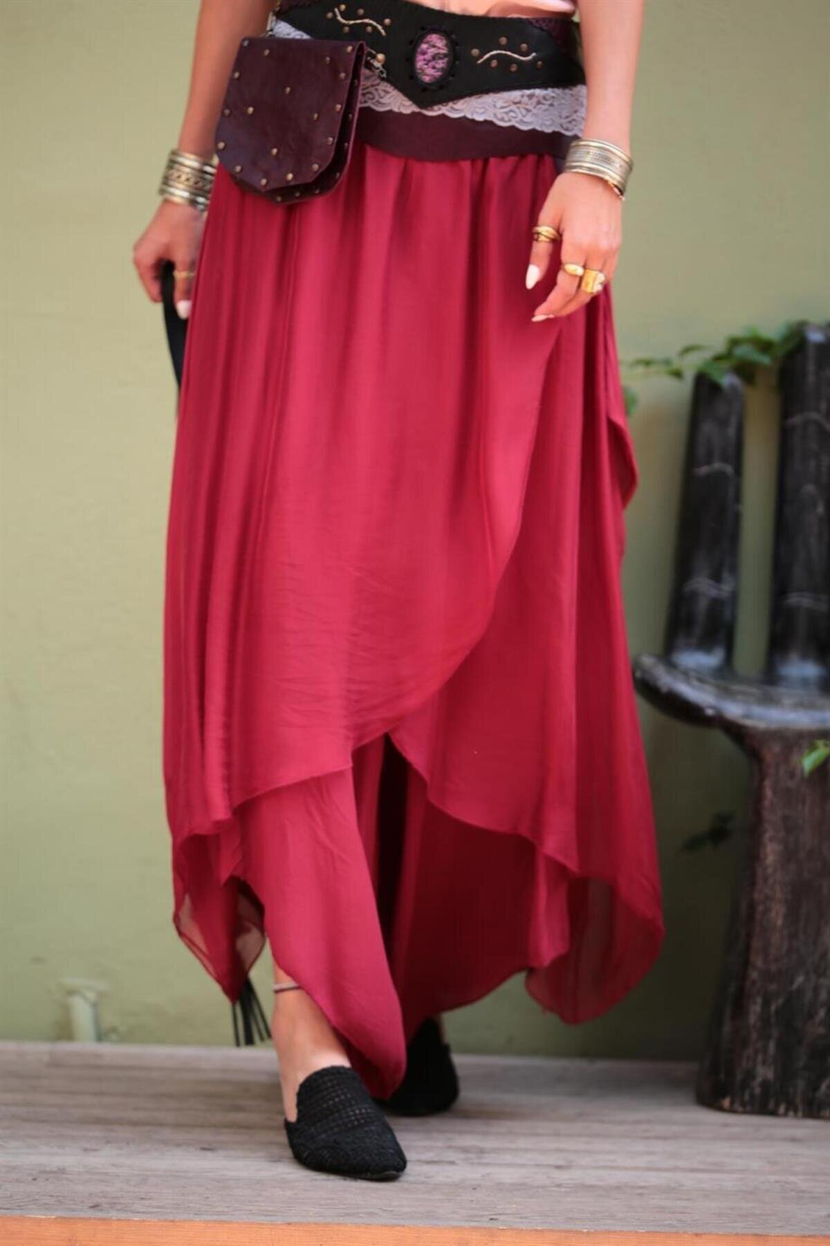 Bordo İpek Asimetrik Kapaklı Şalvar Pantolon - Bohem Stil