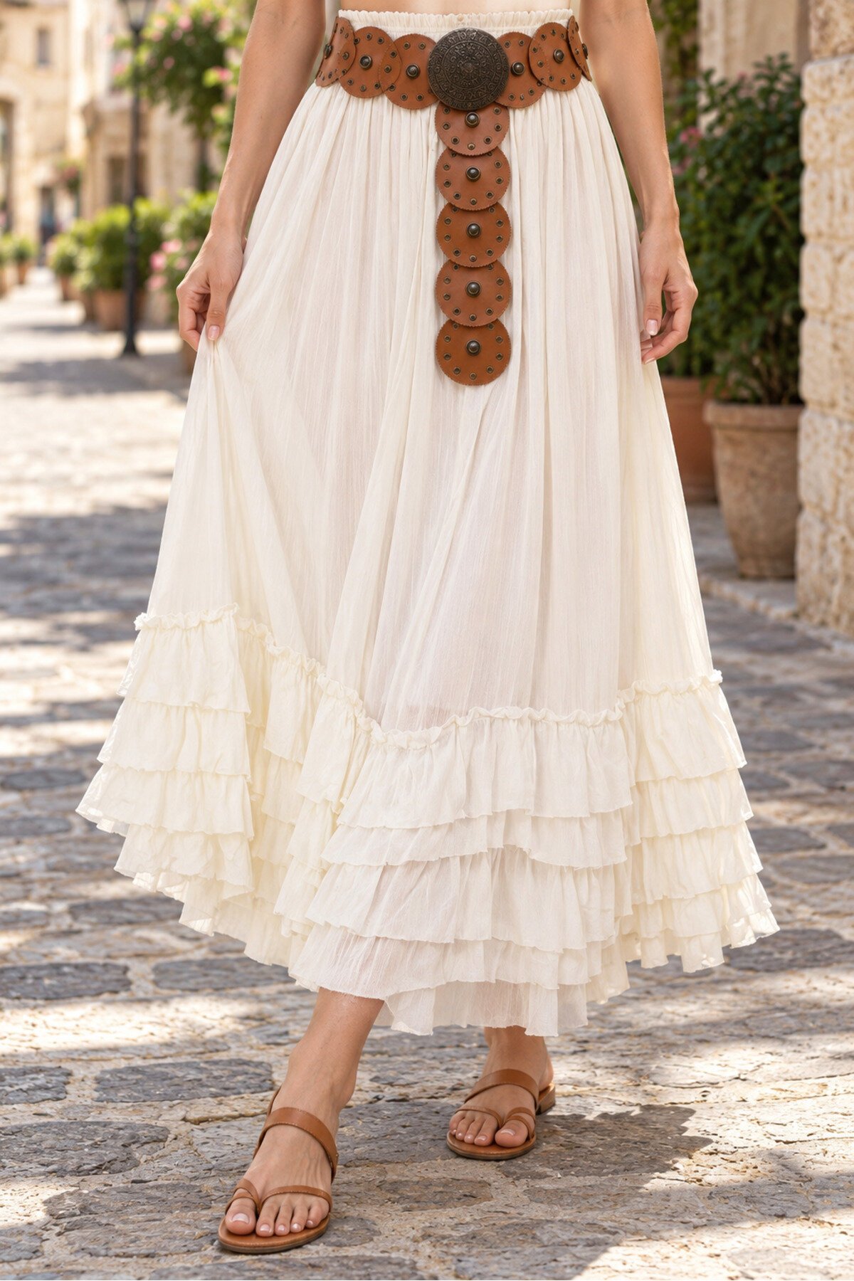 Ekru Bohem Gypsy Pamuklu Etek - EREN STYLE