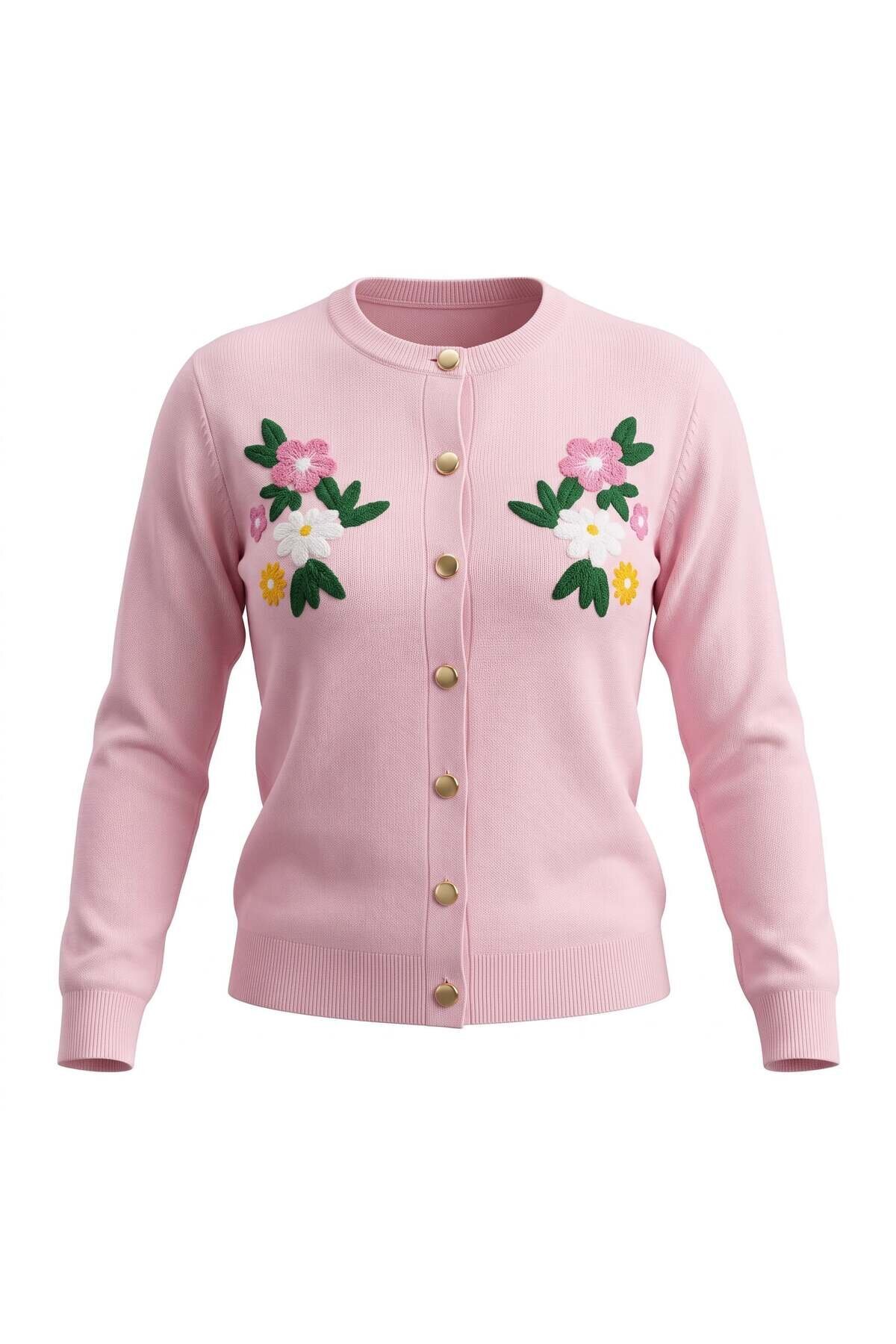 Pembe Uzun Kollu Çiçek İşlemeli Triko Hırka - EREN STYLE
