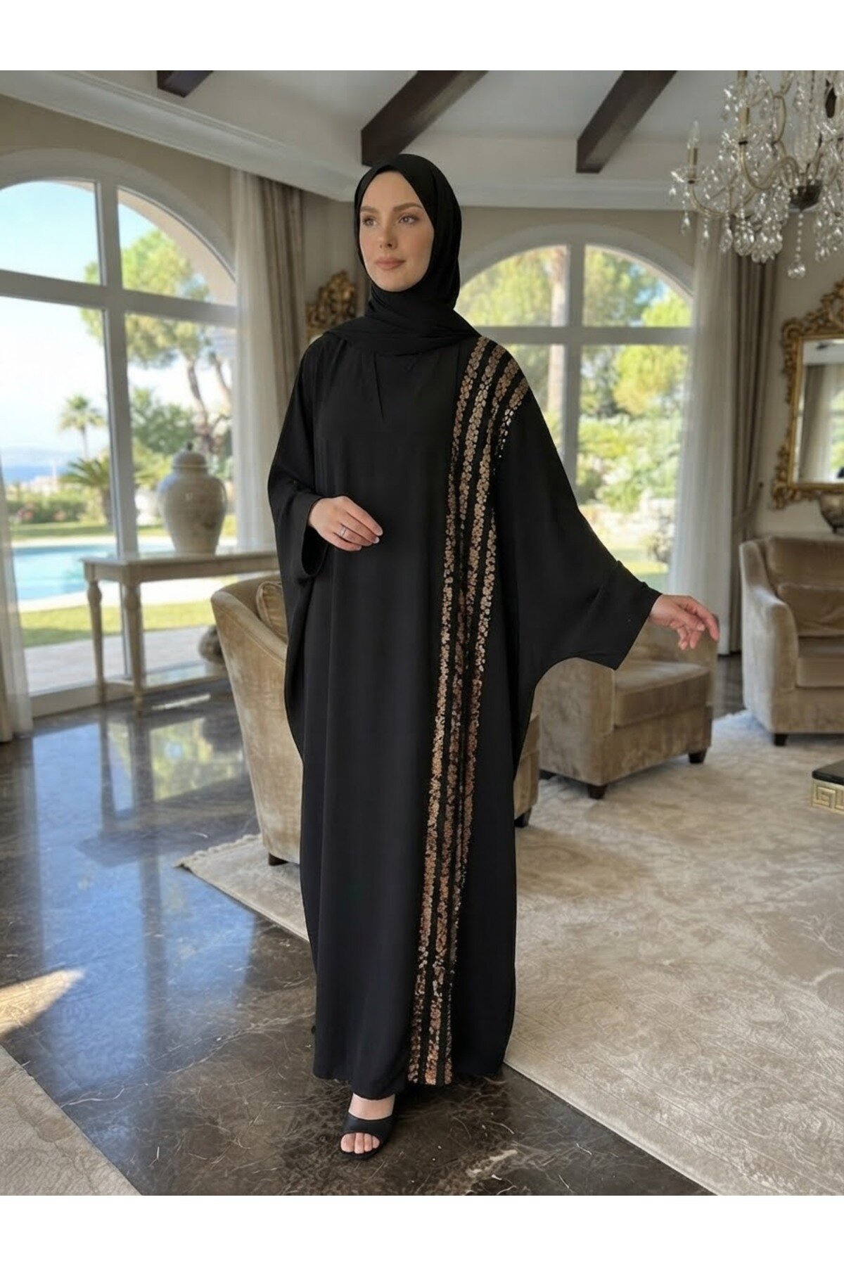 فرابة مقاس كبير أسود بشرائط رفيعة وإكسسوار كتف - Fzd Filizzade