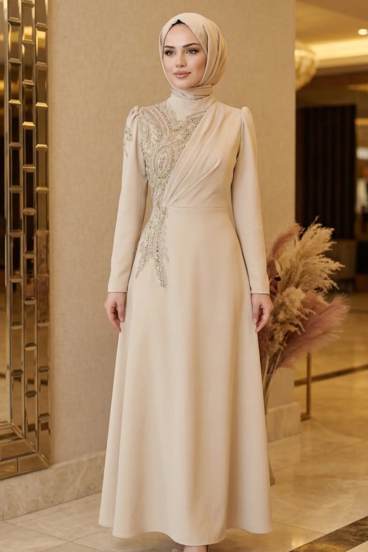 Bej Drape ve Taş İşleme Detaylı Tesettür Abiye Elbise - MK-MODA