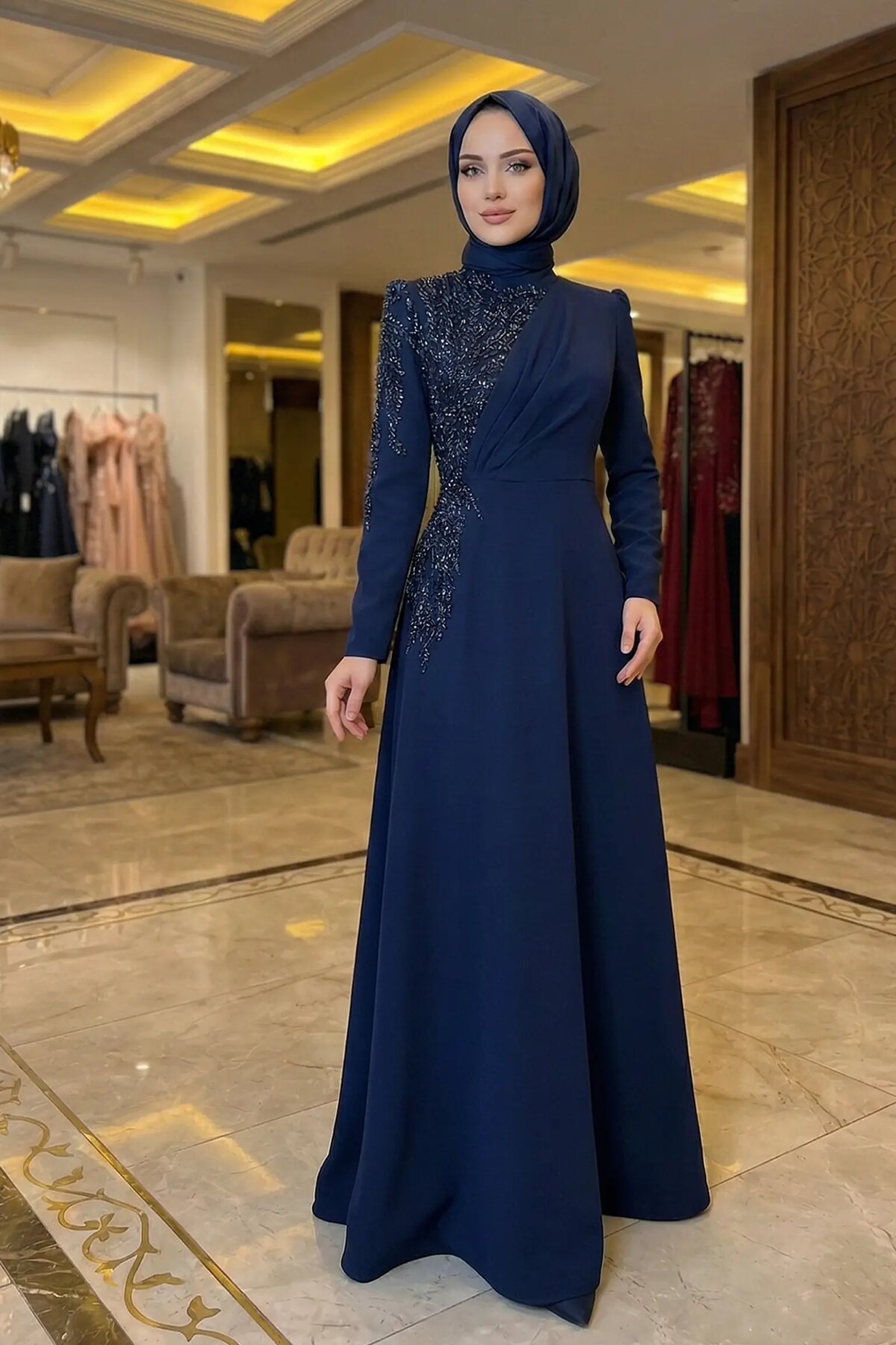 Lacivert Büzgülü Yanları Taşlı Abiye Elbise - MK-MODA