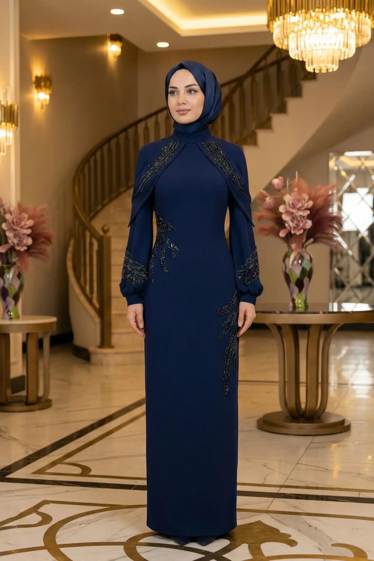 Lacivert Taş İşlemeli Pelerin Detaylı Abiye Elbise - MK-MODA