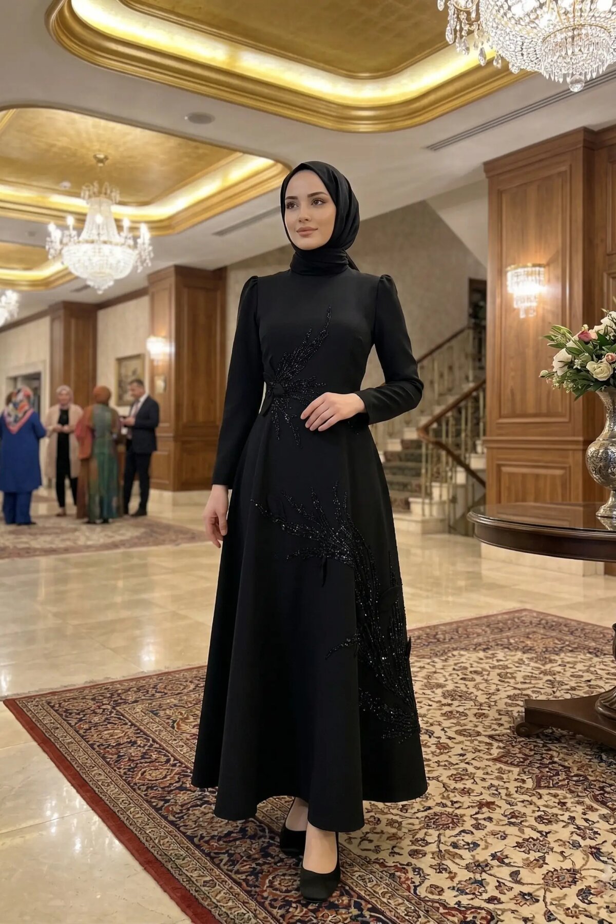 Siyah Hakim Yaka Taş İşlemeli Abiye Elbise - MK-MODA