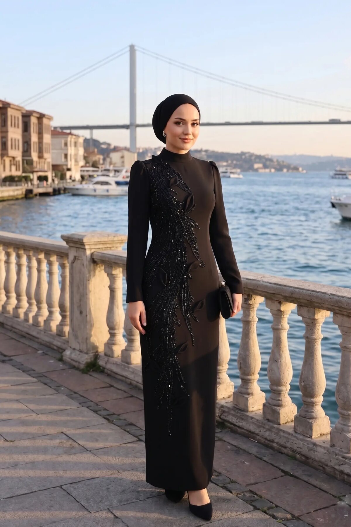 Siyah Uzun Taş ve Payet İşlemeli Abiye Elbise - MK-MODA
