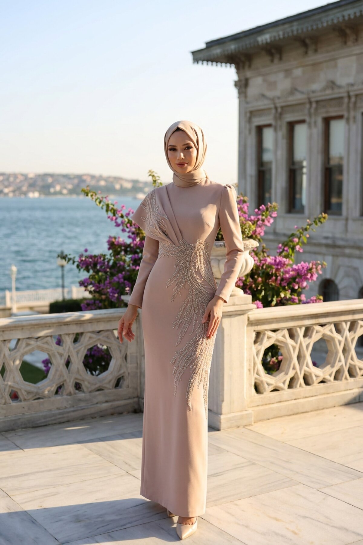 Stand Collar Stone Embroidered Long Sleeve Modest Evening Dress - Beige - MK Moda Tasarım