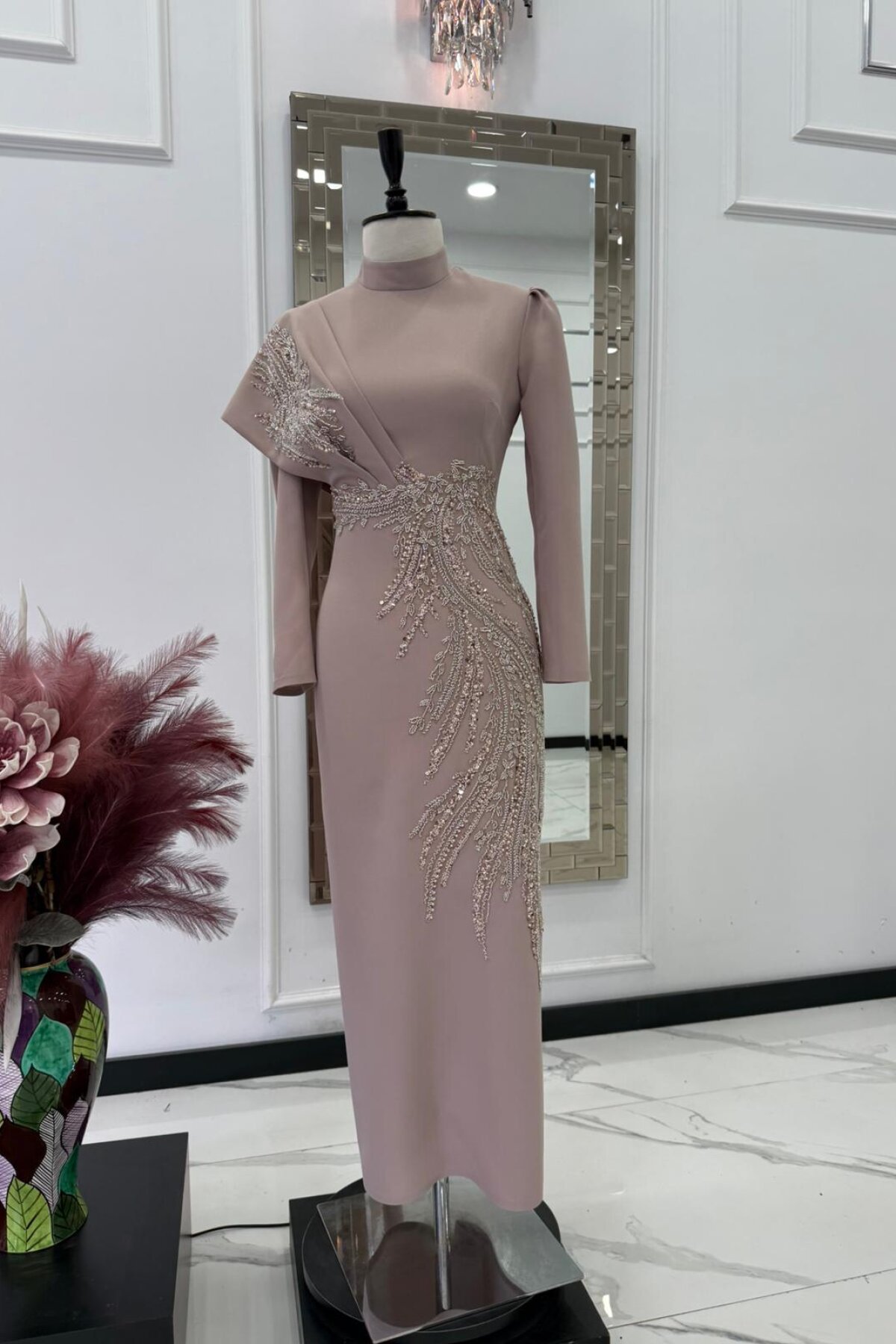 Stand Collar Stone Embroidered Long Sleeve Modest Evening Dress - Beige - MK Moda Tasarım