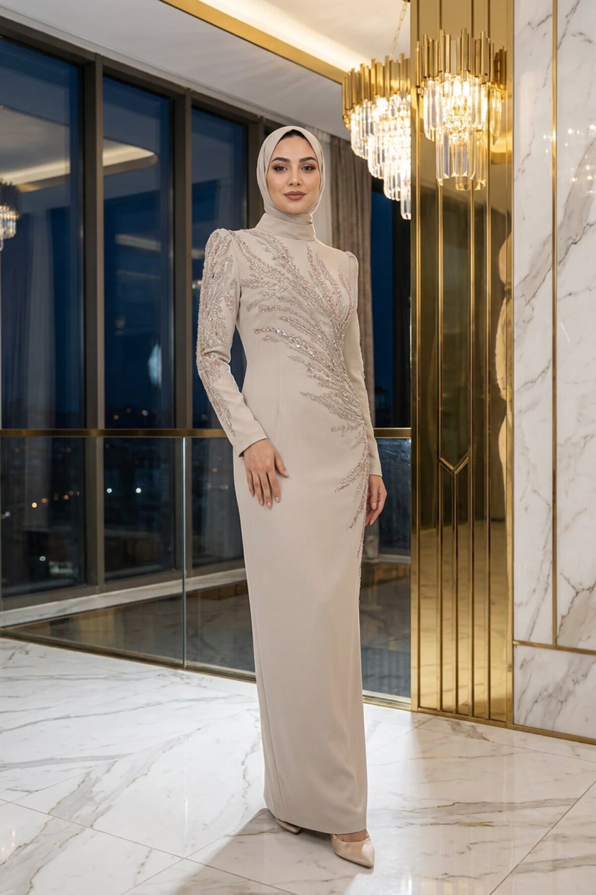 Bej Taş İşlemeli Dik Yaka Abiye Elbise - MK Moda Tasarım