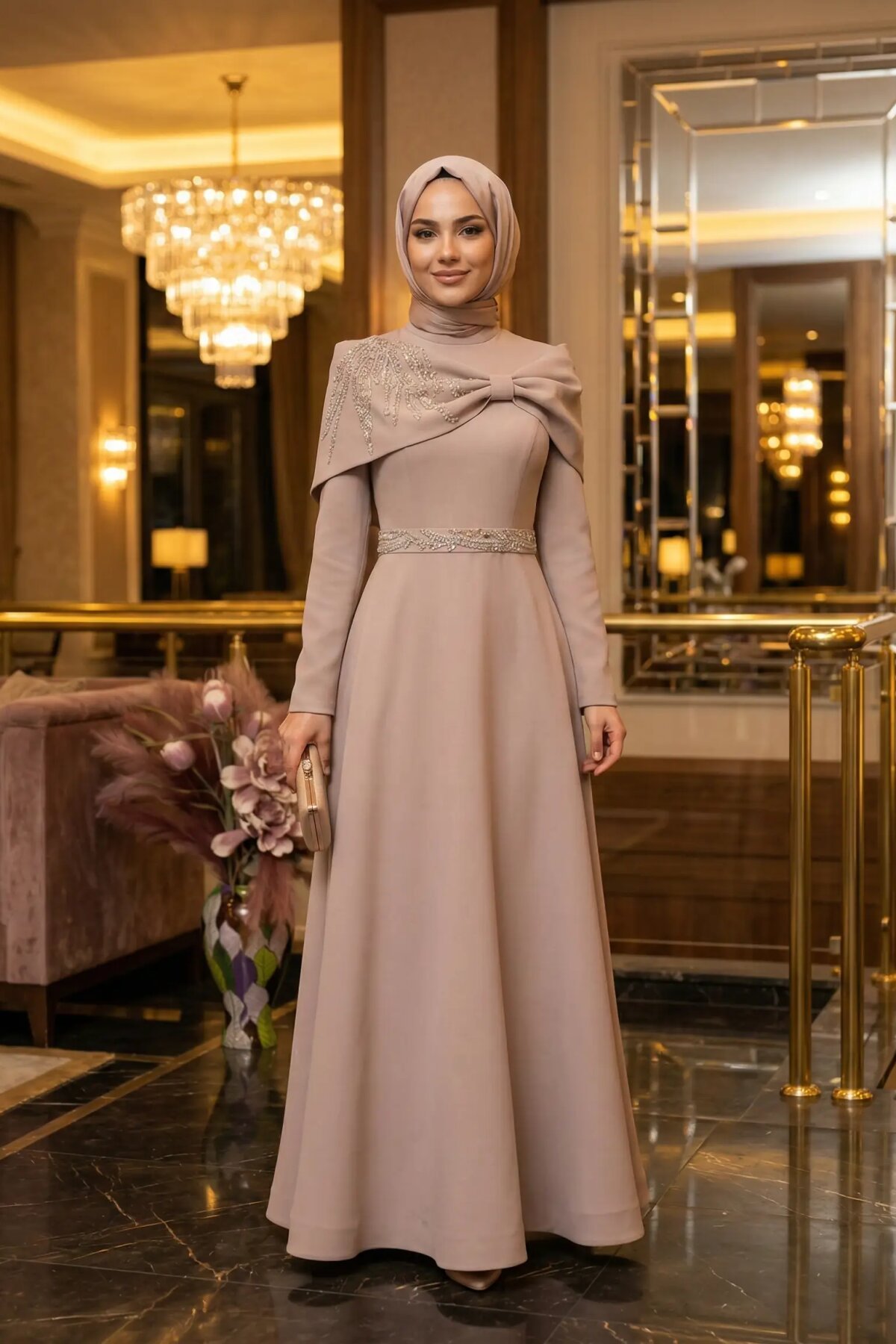 Bej Taş İşlemeli Pelerin Detaylı Abiye Elbise - MK Moda Tasarım