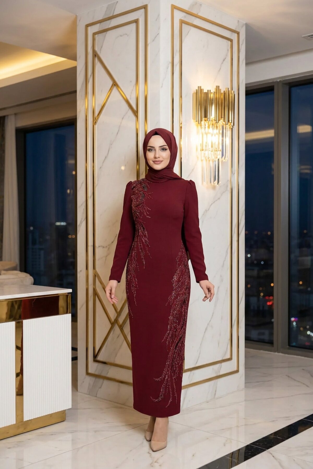 Bordo Düz Kesim Taş İşlemeli Abiye Elbise - MK Moda Tasarım