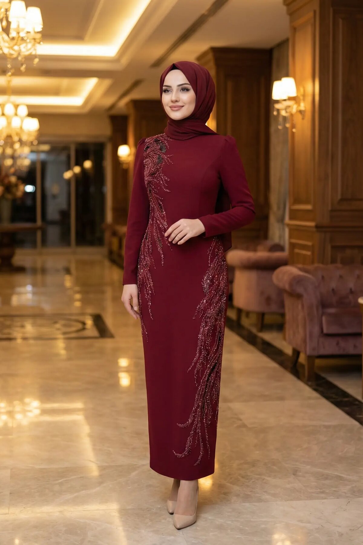 Bordo Düz Kesim Taş İşlemeli Abiye Elbise - MK Moda Tasarım