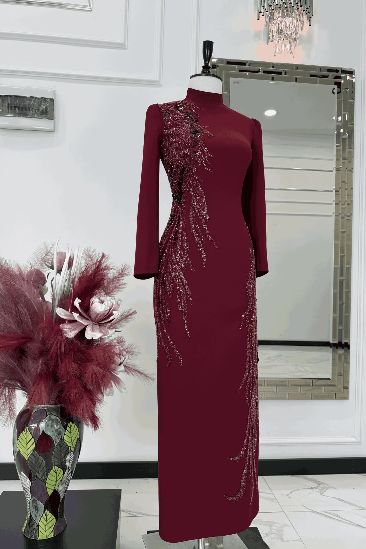 Bordo Düz Kesim Taş İşlemeli Abiye Elbise - MK Moda Tasarım