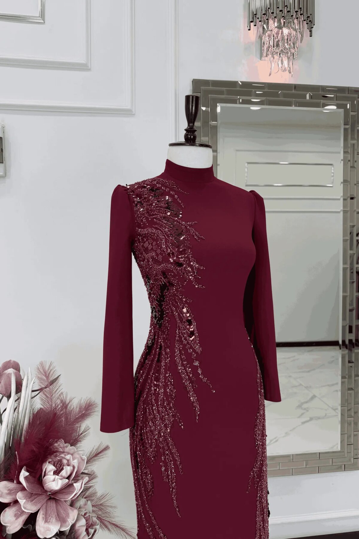 Bordo Düz Kesim Taş İşlemeli Abiye Elbise - MK Moda Tasarım