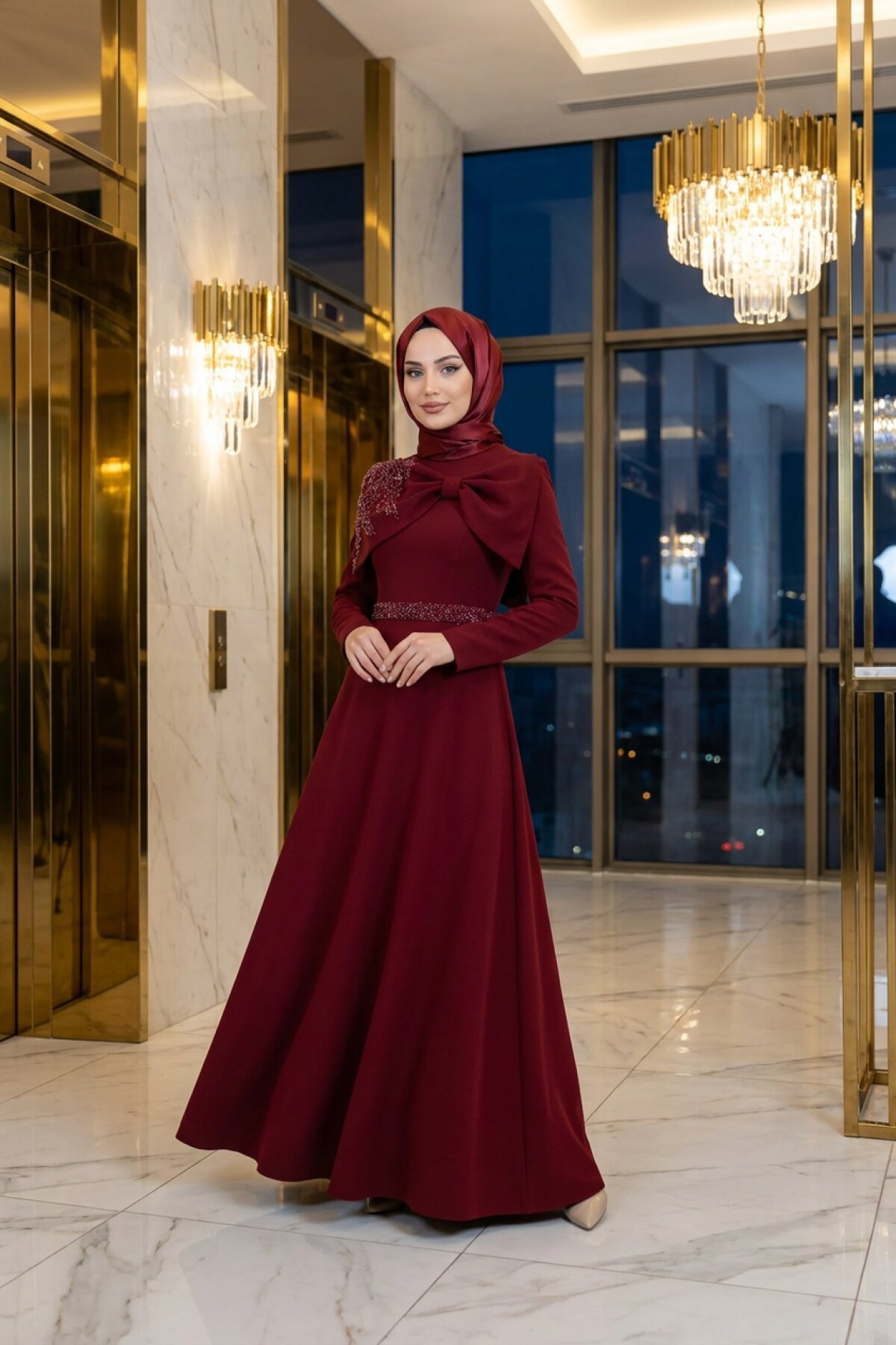 Bordo Taş İşlemeli Pelerinli Abiye Elbise - MK Moda Tasarım