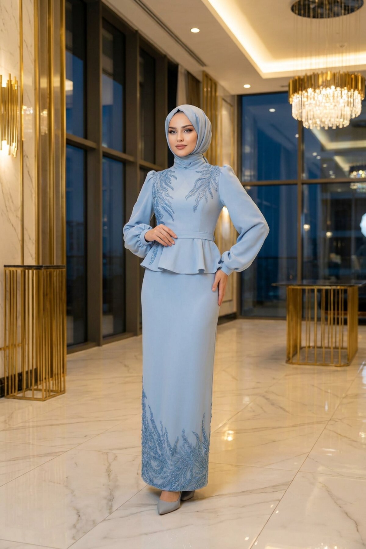Buz Mavisi İşlemeli Peplum Abiye Elbise - MK Moda Tasarım