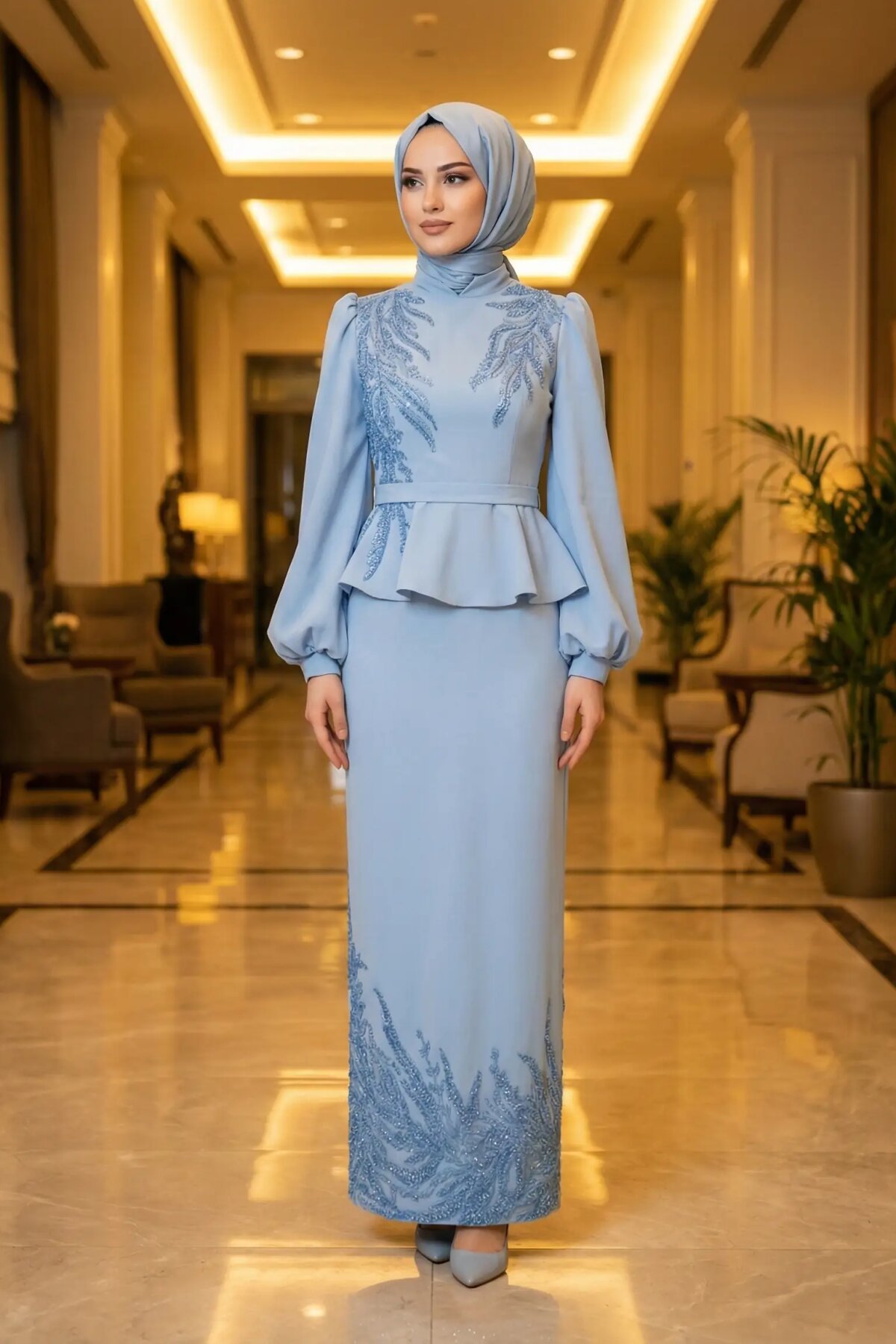 Buz Mavisi İşlemeli Peplum Abiye Elbise - MK Moda Tasarım