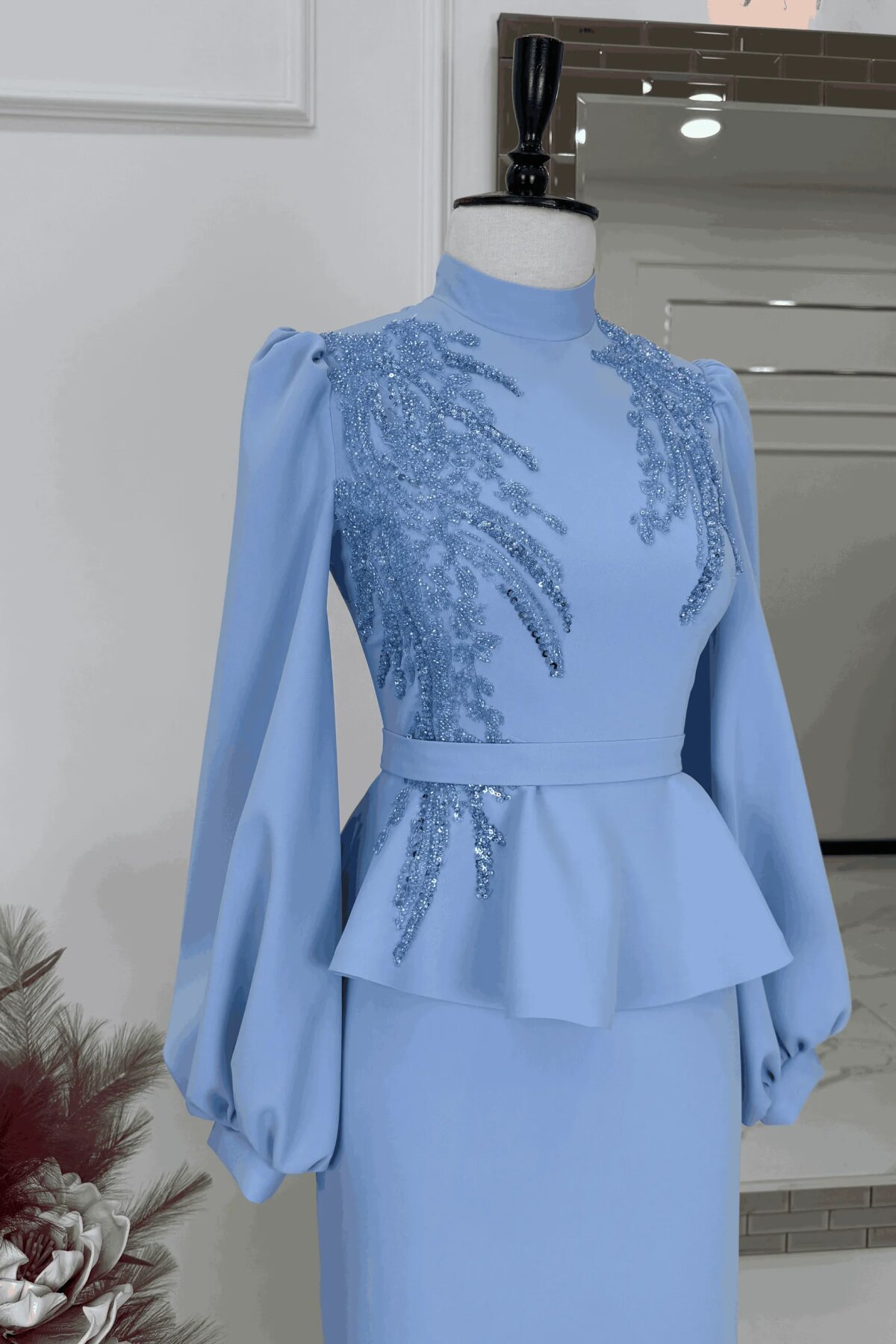 Buz Mavisi İşlemeli Peplum Abiye Elbise - MK Moda Tasarım