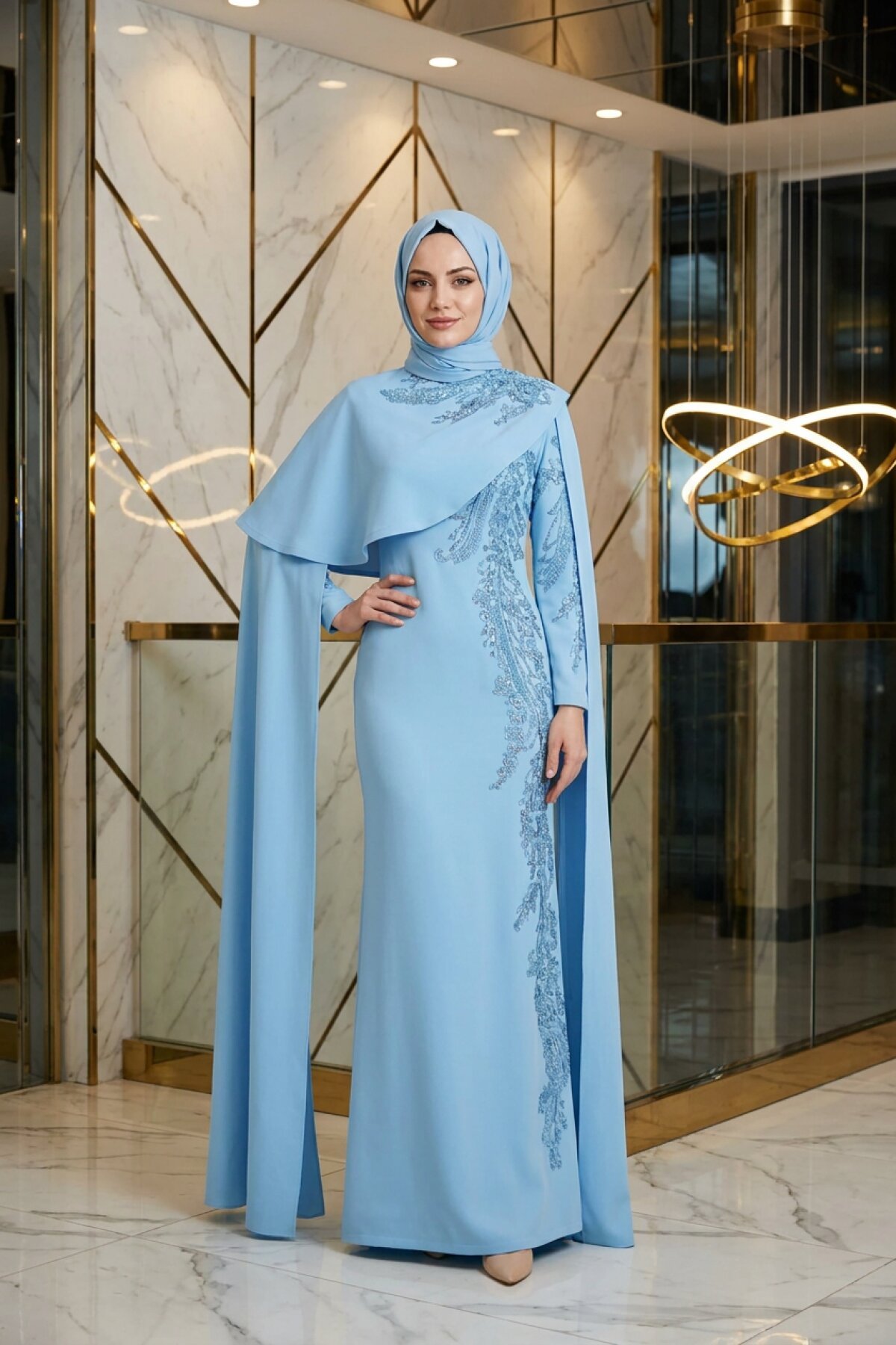 Embroidered Cape-Detail Modest Evening Dress - Ice Blue - MK Moda Tasarım