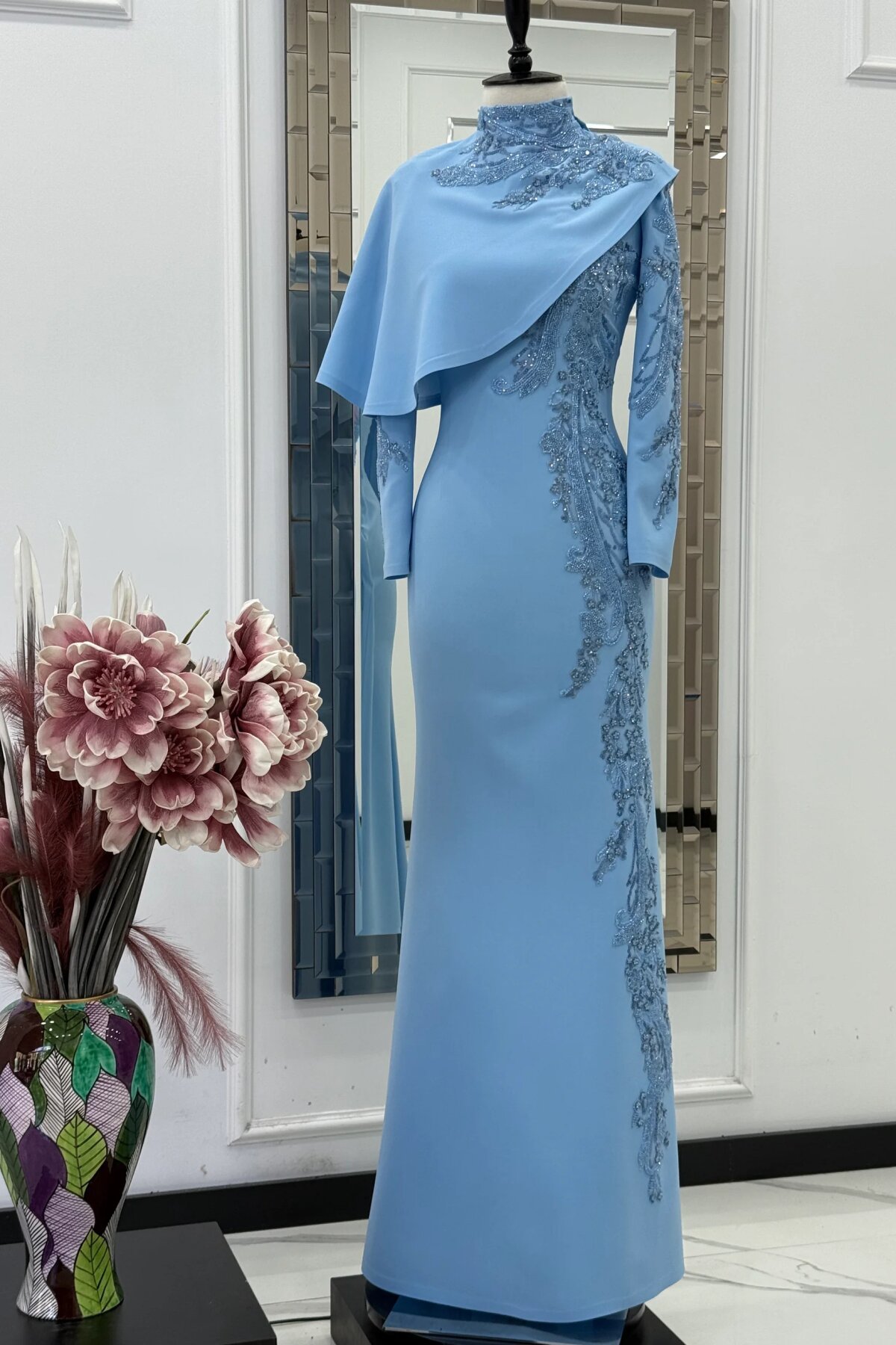 Embroidered Cape-Detail Modest Evening Dress - Ice Blue - MK Moda Tasarım