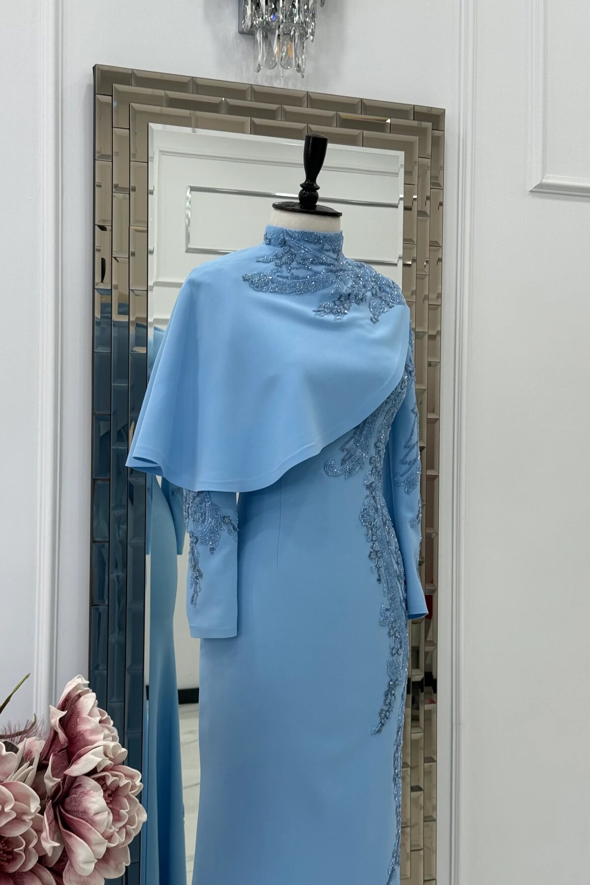 Embroidered Cape-Detail Modest Evening Dress - Ice Blue - MK Moda Tasarım