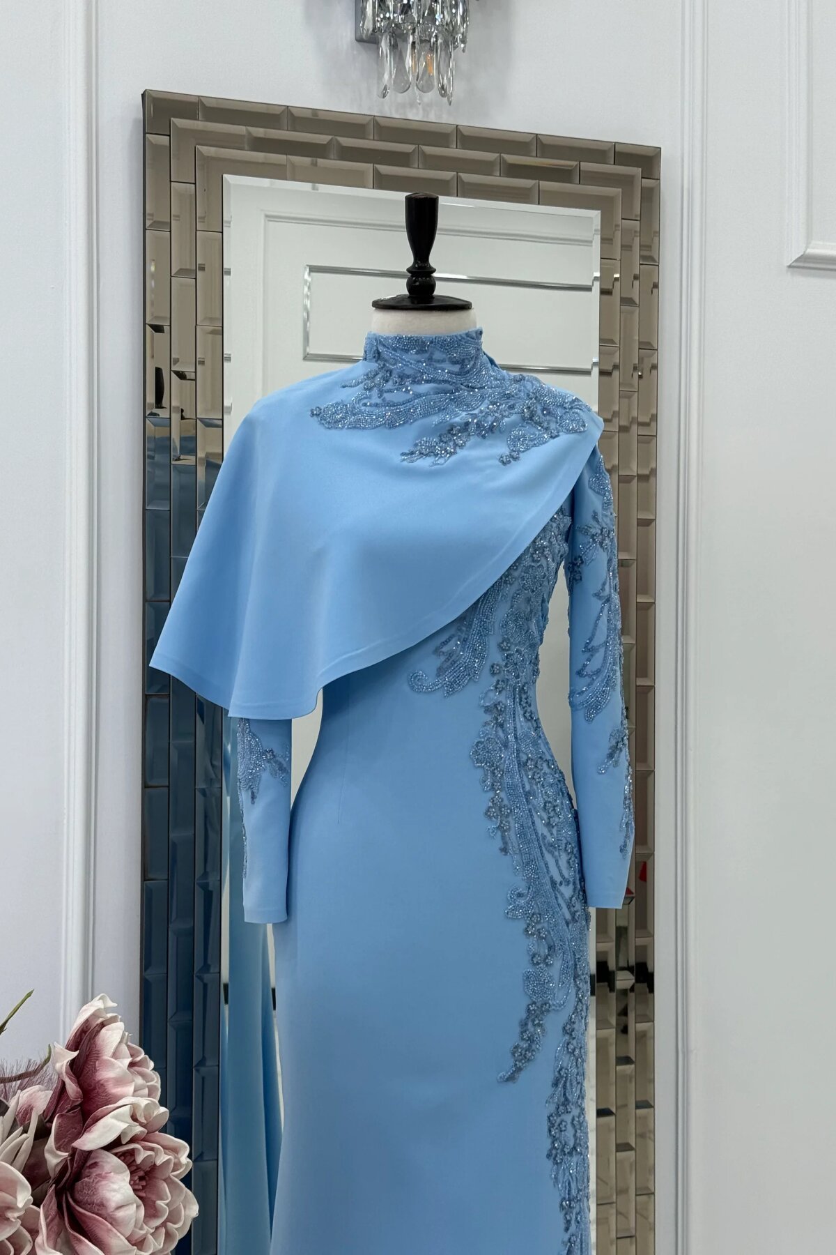 Embroidered Cape-Detail Modest Evening Dress - Ice Blue - MK Moda Tasarım