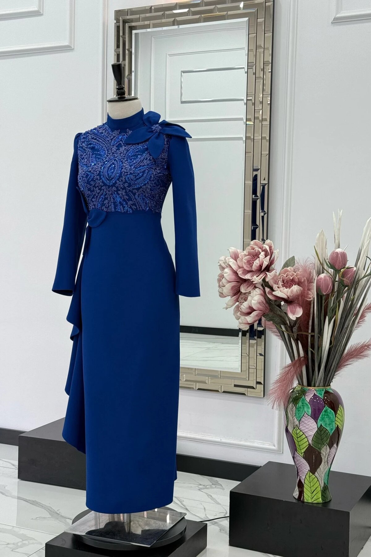 Stone-Embroidered Bow-Detail Evening Dress - Night Blue - MK Moda Tasarım