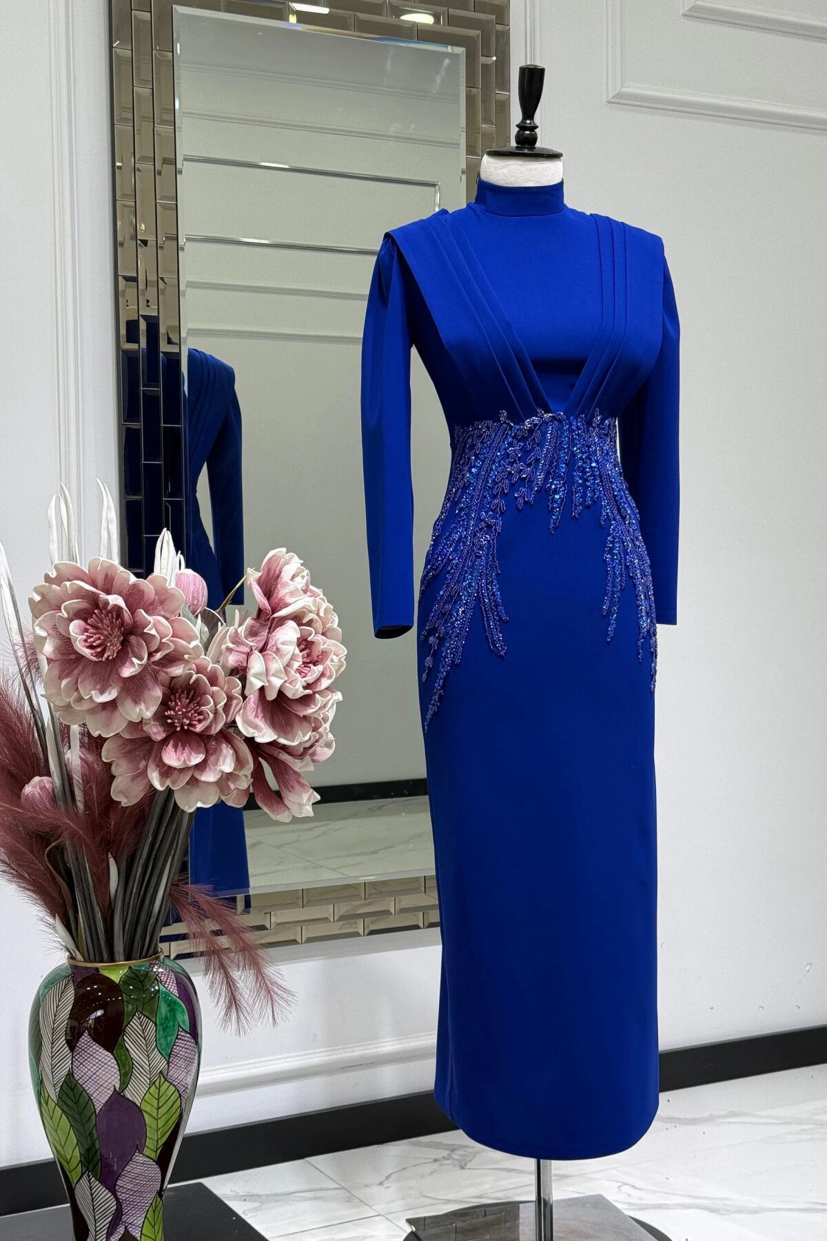 Long Stone-Embellished Mock Neck Evening Dress - Midnight Blue - MK Moda Tasarım