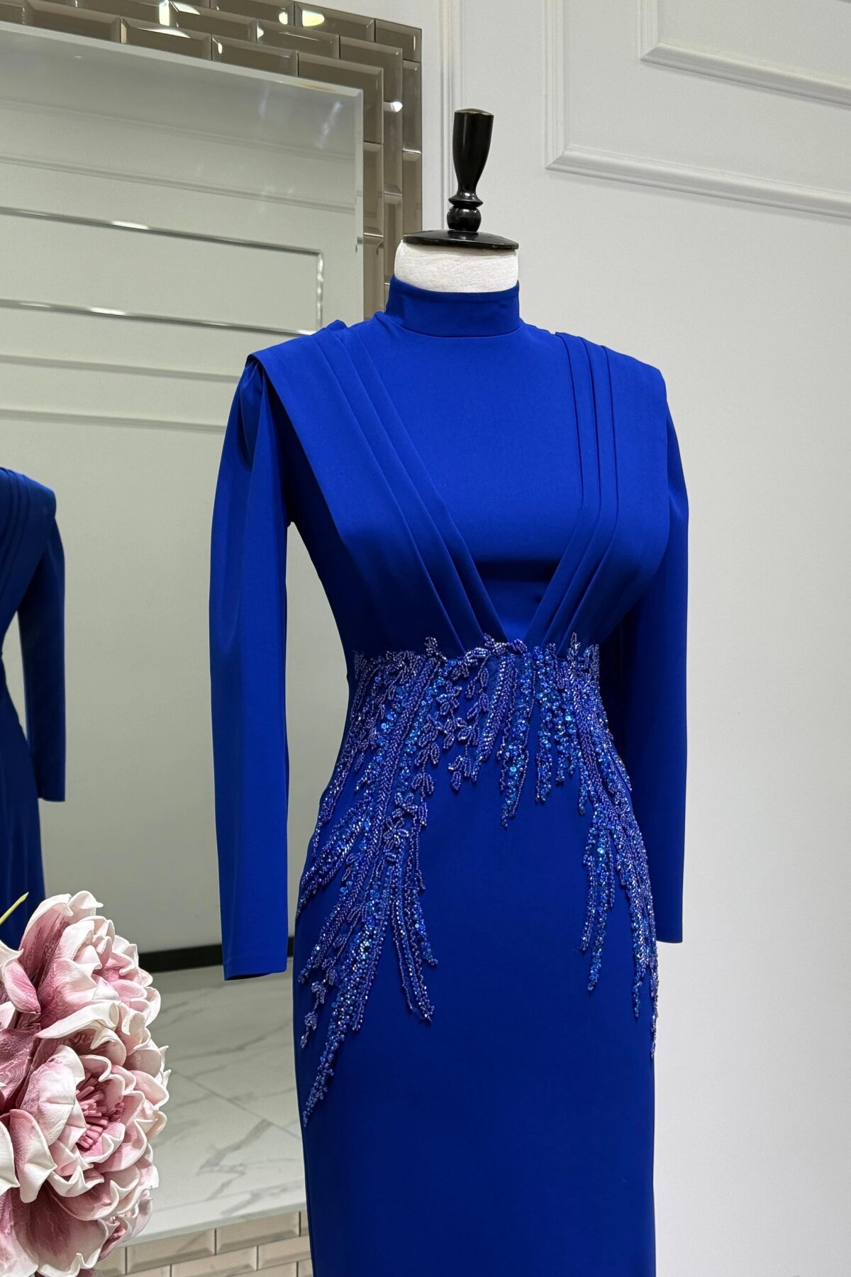 Long Stone-Embellished Mock Neck Evening Dress - Midnight Blue - MK Moda Tasarım