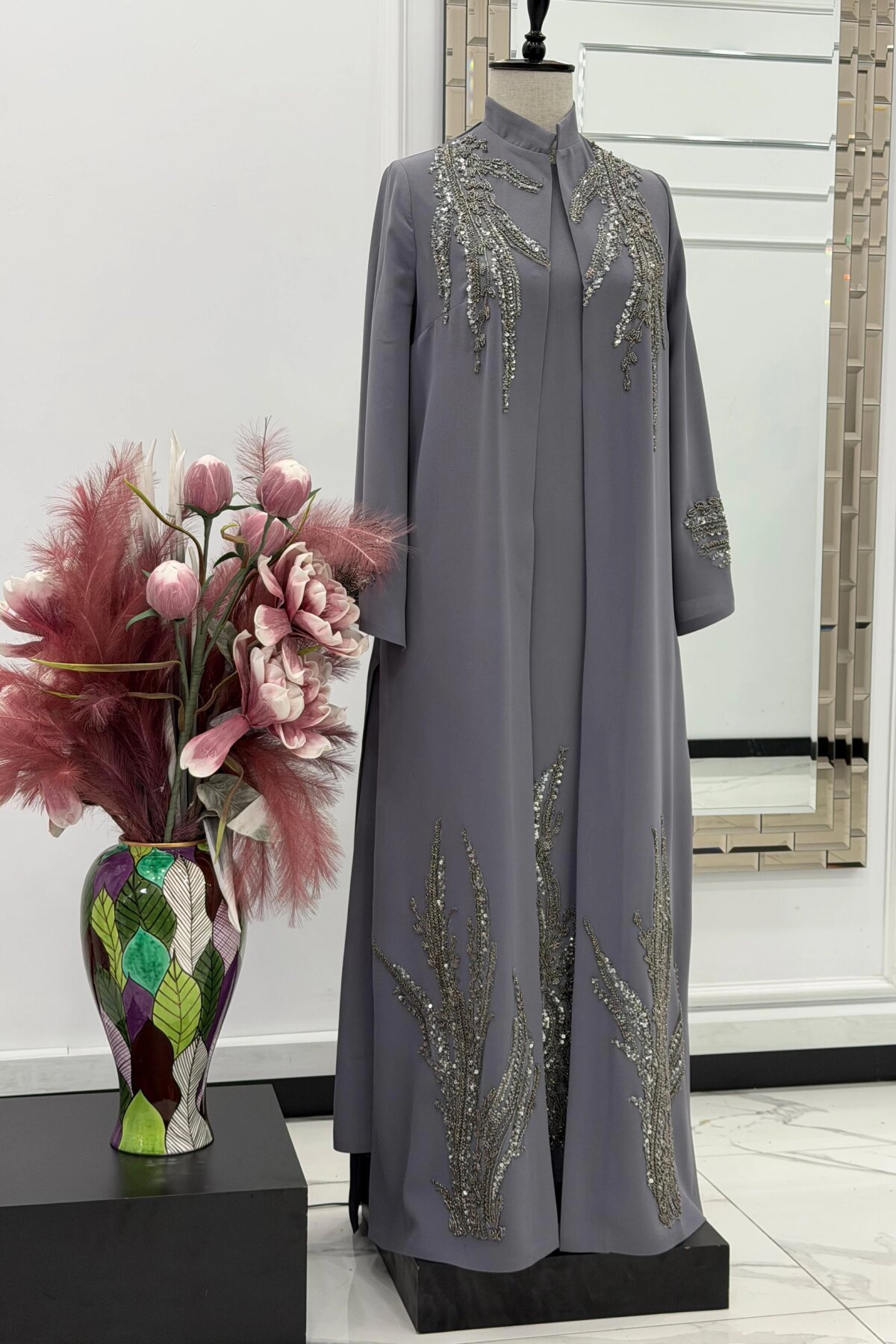 Gri Dal Motifli Taş İşlemeli Abiye Elbise - MK Moda Tasarım
