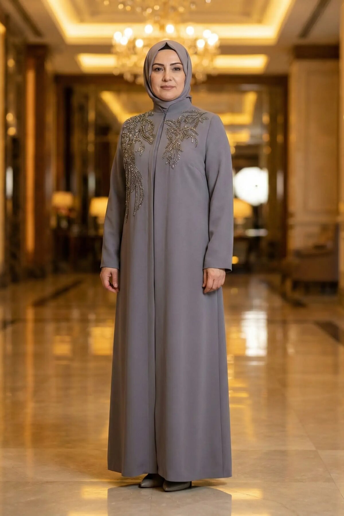فستان سهرة رمادي بتفاصيل أحجار - MK Moda Tasarım