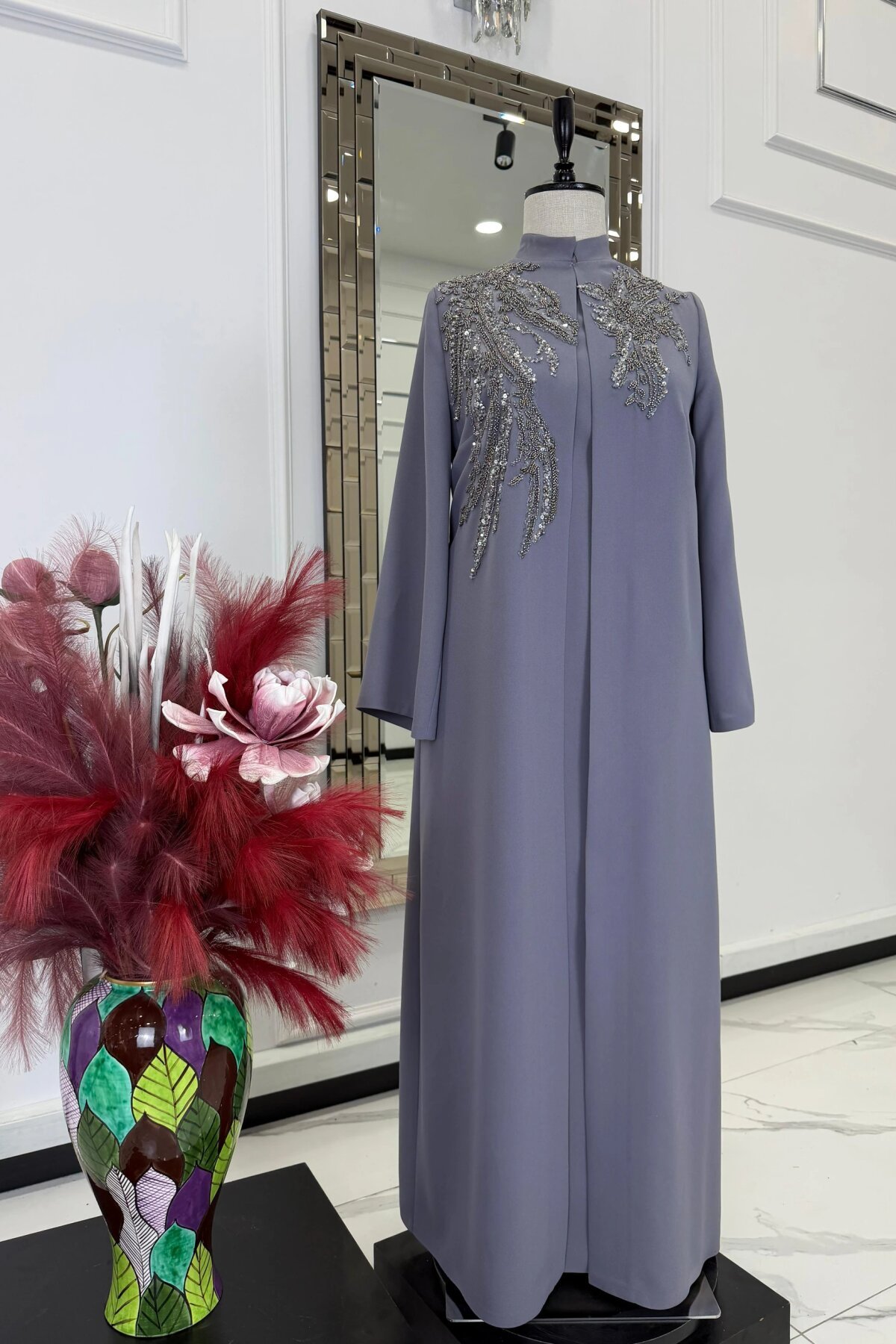 فستان سهرة رمادي بتفاصيل أحجار - MK Moda Tasarım