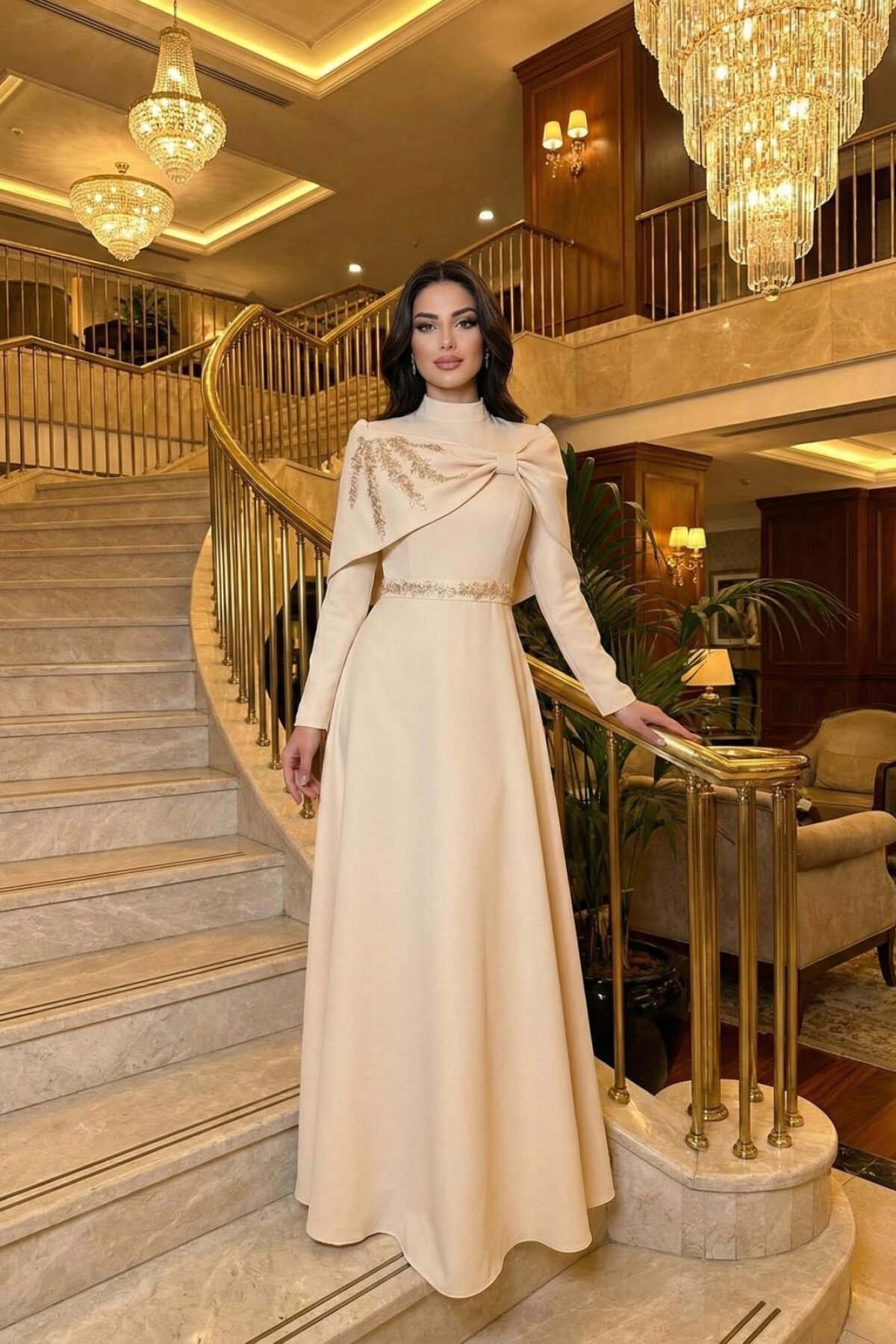 Gün Işığı Pelerin Detaylı İşlemeli Abiye Elbise - MK Moda Tasarım