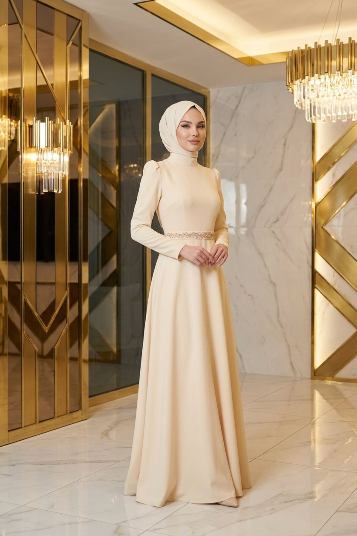 Gün Işığı Uzun Dik Yaka Beli Taş İşlemeli Abiye Elbise - MK Moda Tasarım