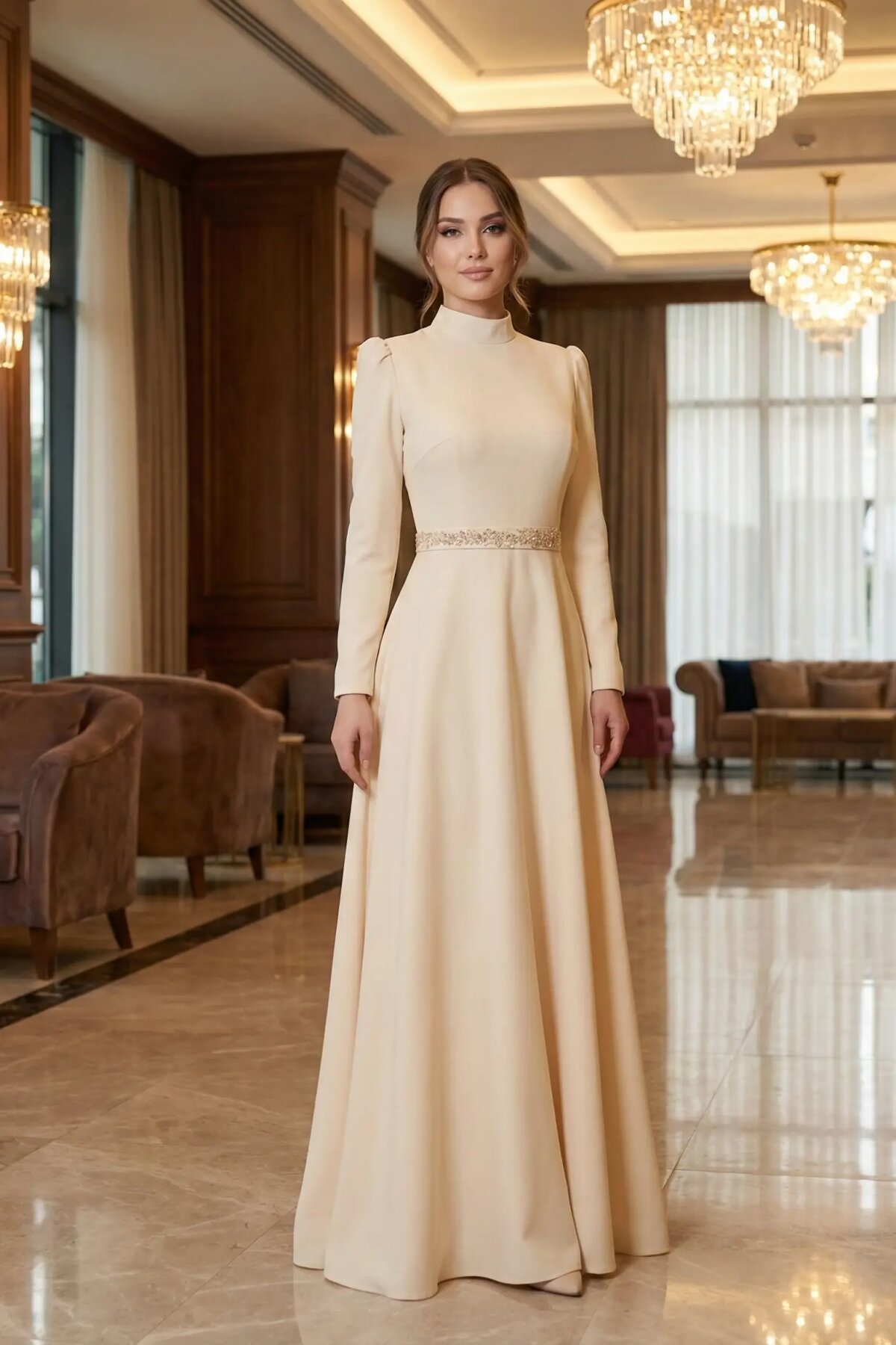 Gün Işığı Uzun Dik Yaka Beli Taş İşlemeli Abiye Elbise - MK Moda Tasarım