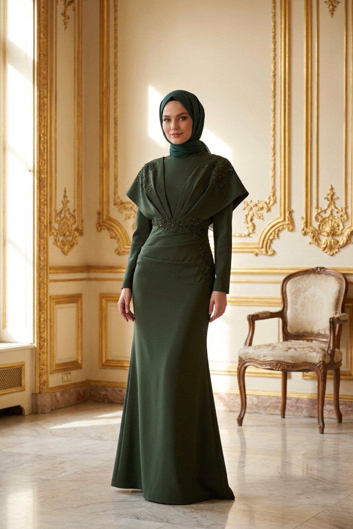 Long Sleeve Draped Stone-Embroidered Evening Dress - Khaki Green - MK Moda Tasarım