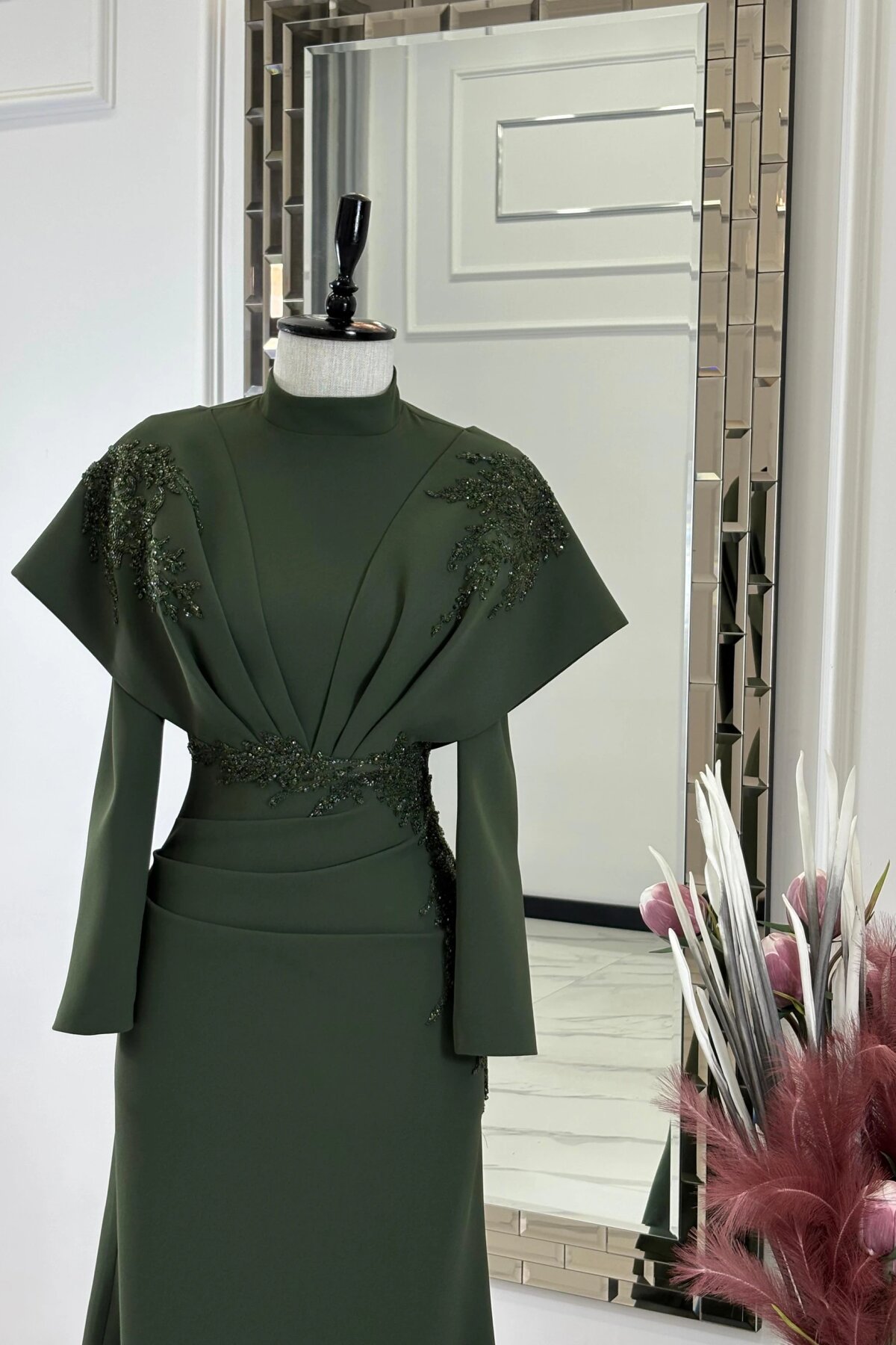 Long Sleeve Draped Stone-Embroidered Evening Dress - Khaki Green - MK Moda Tasarım