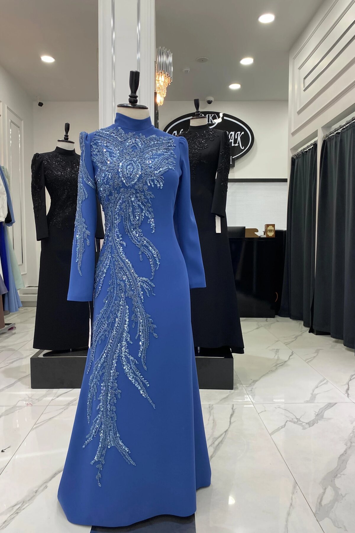 Stone-Embroidered Sequin Modest Evening Dress - Indigo - MK Moda Tasarım