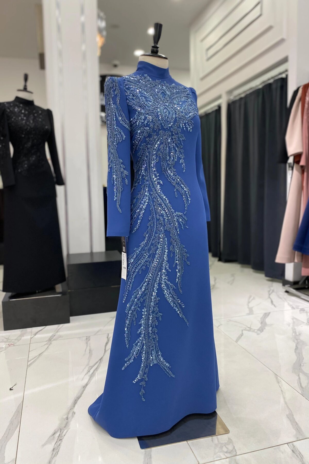 Stone-Embroidered Sequin Modest Evening Dress - Indigo - MK Moda Tasarım